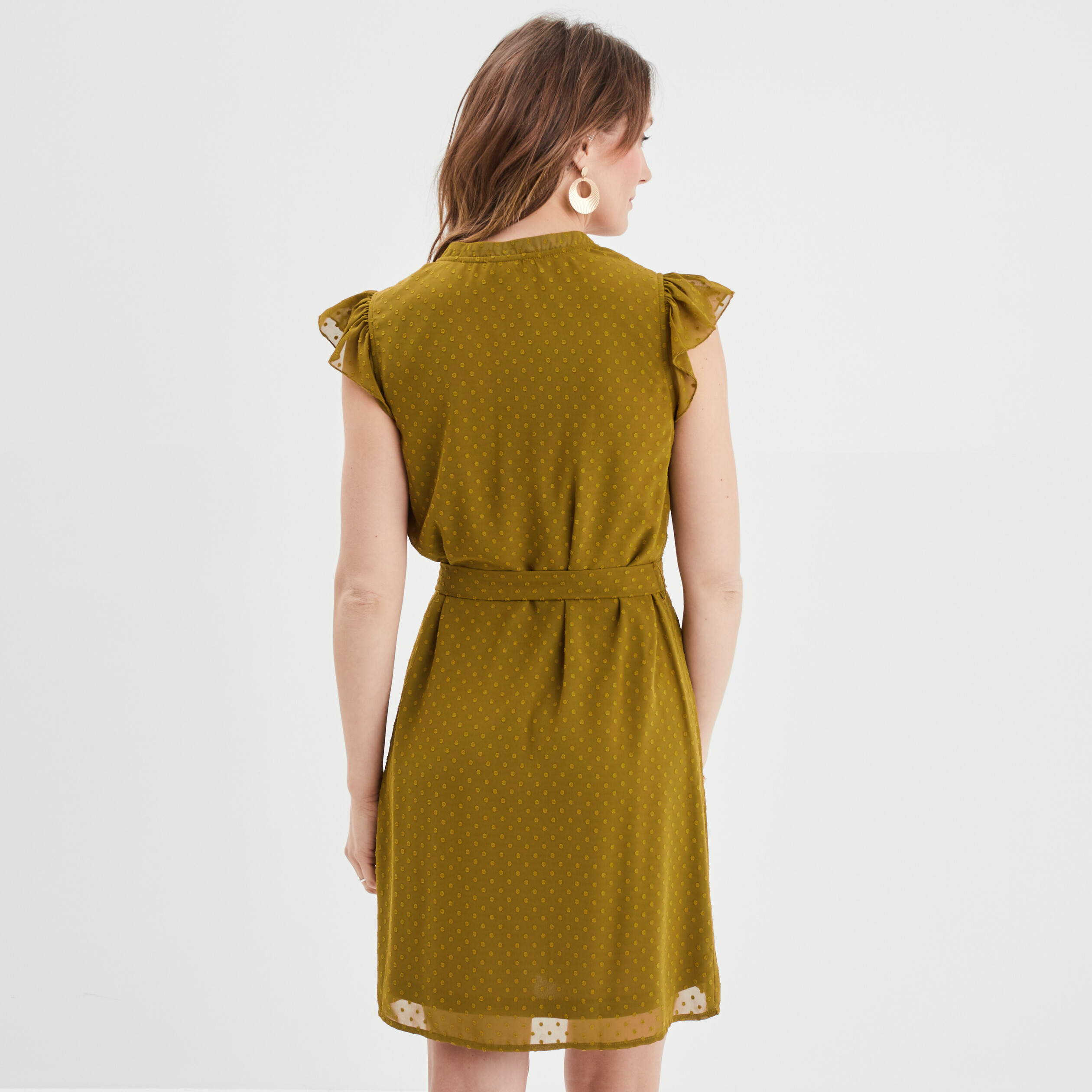robe col v plumetis droite ceinturee vert olive femme Robe col V plumetis droite ceinturée vert olive femme
