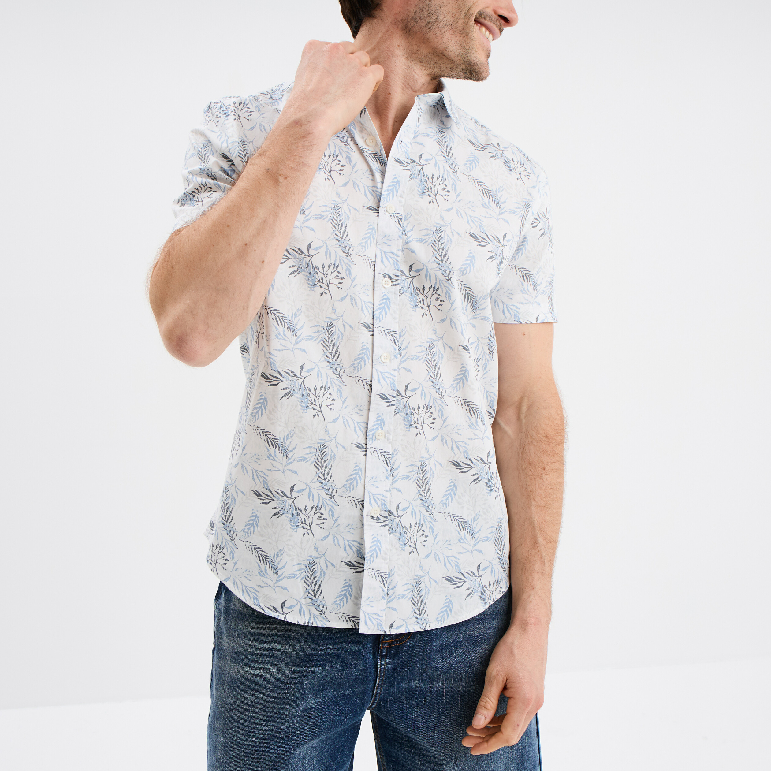 Chemise droite manches courtes coton ecru homme