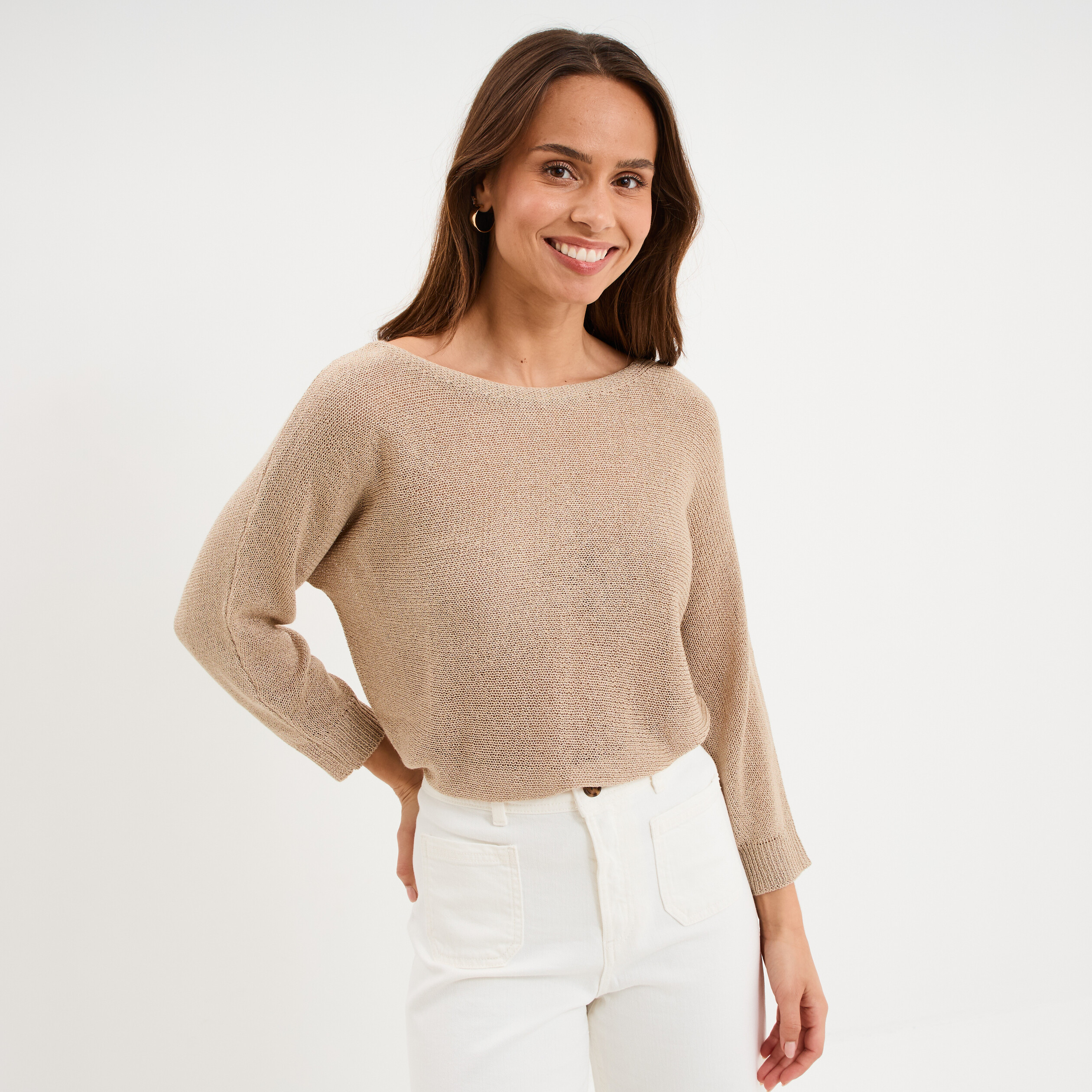 Pull droit col rond manches longues sable femme