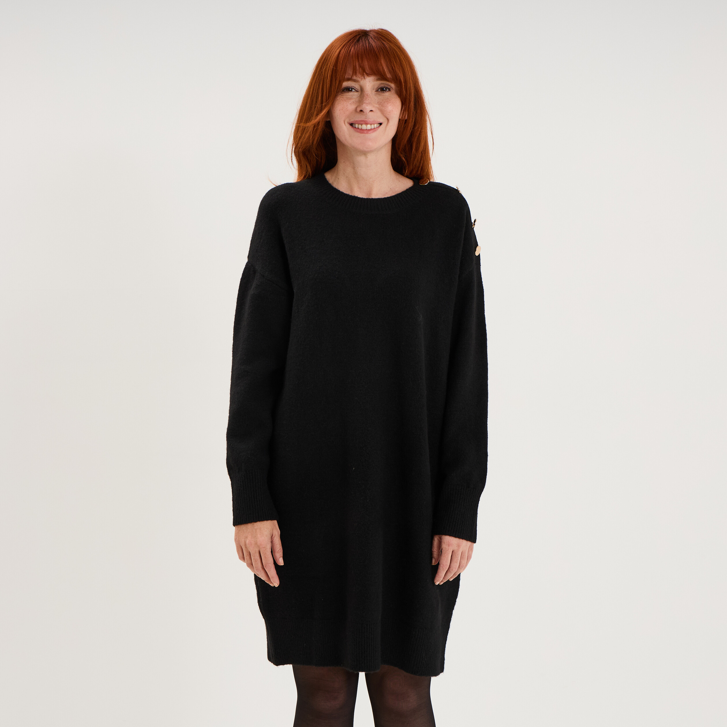 Robe pull longueur genou boutons &eacute;paule noir femme