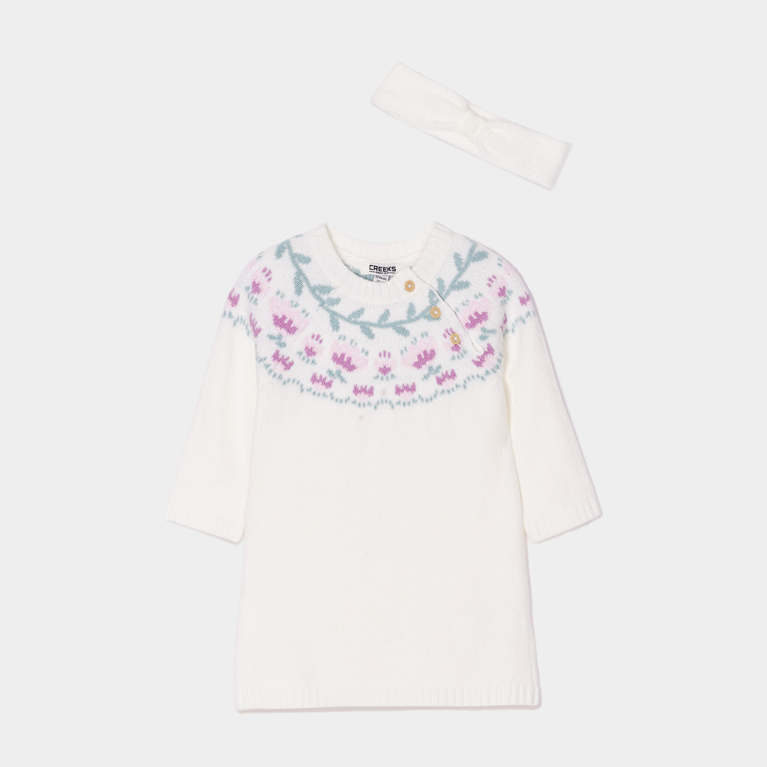 Ensemble robe pull et bandeau Creeks blanc bébé fille