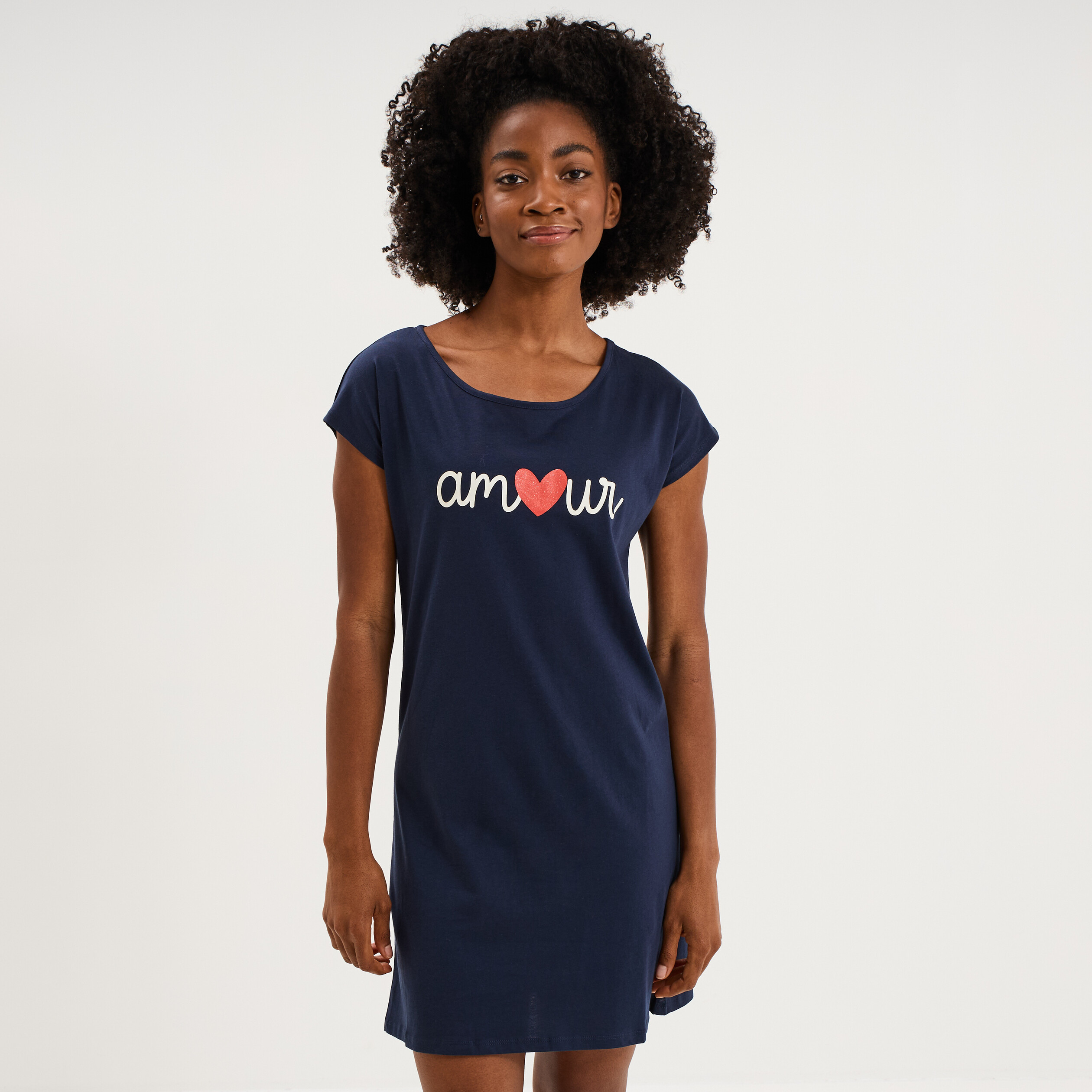 Chemise de nuit manches courtes coton bleu marine femme