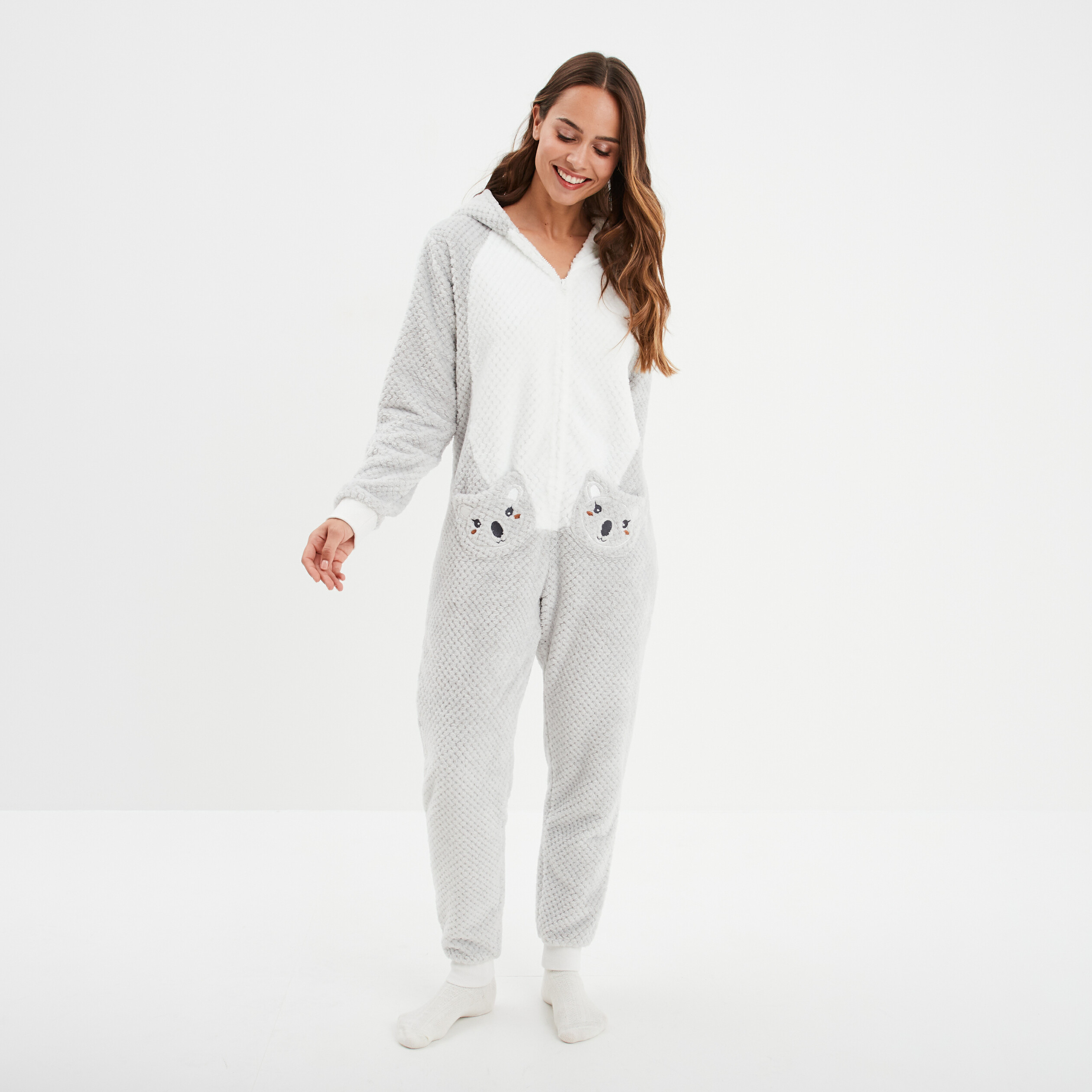 Combinaison pyjama à capuche gris femme