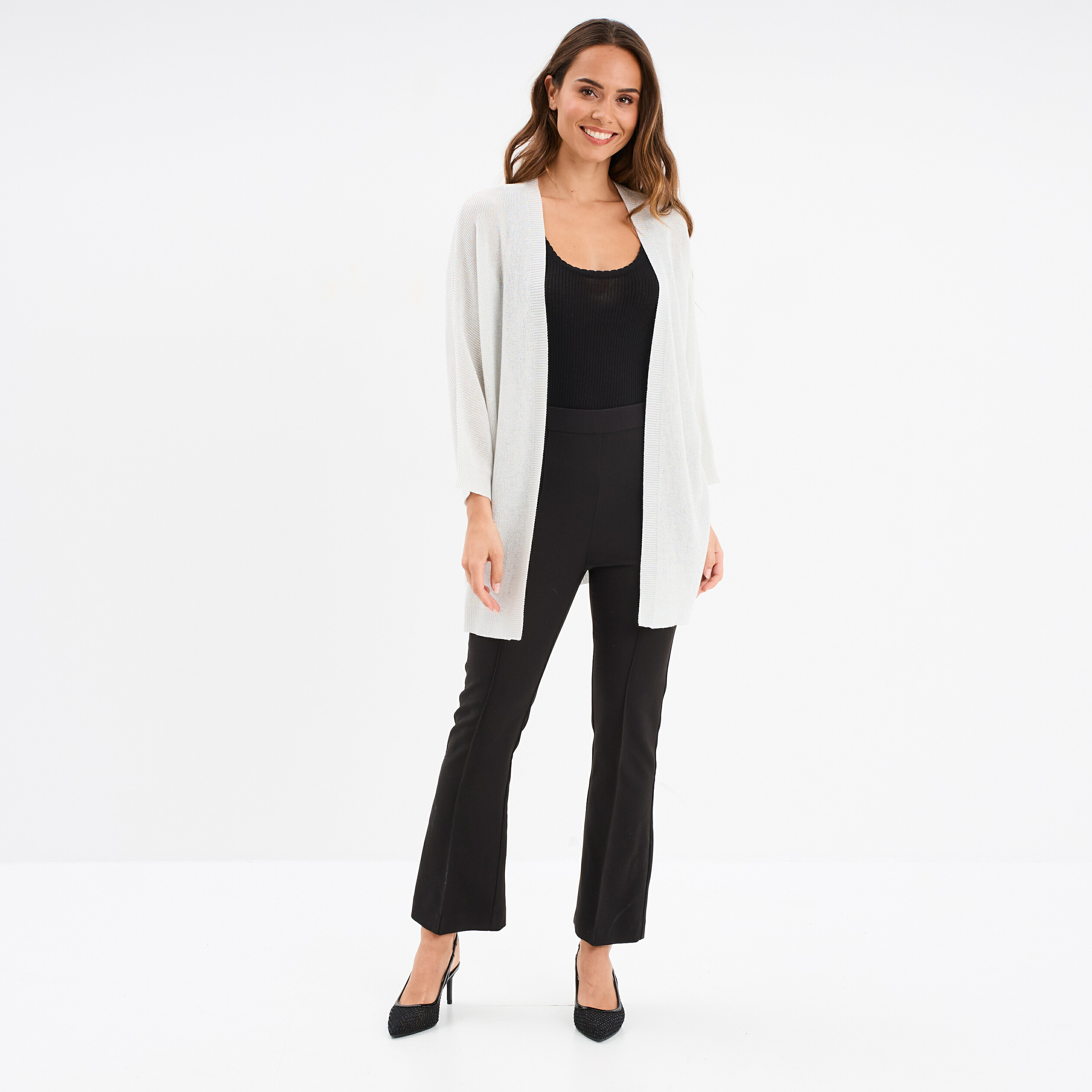 gilet chauve souris mi long gris argent femme Gilet chauve-souris mi-long gris argent femme