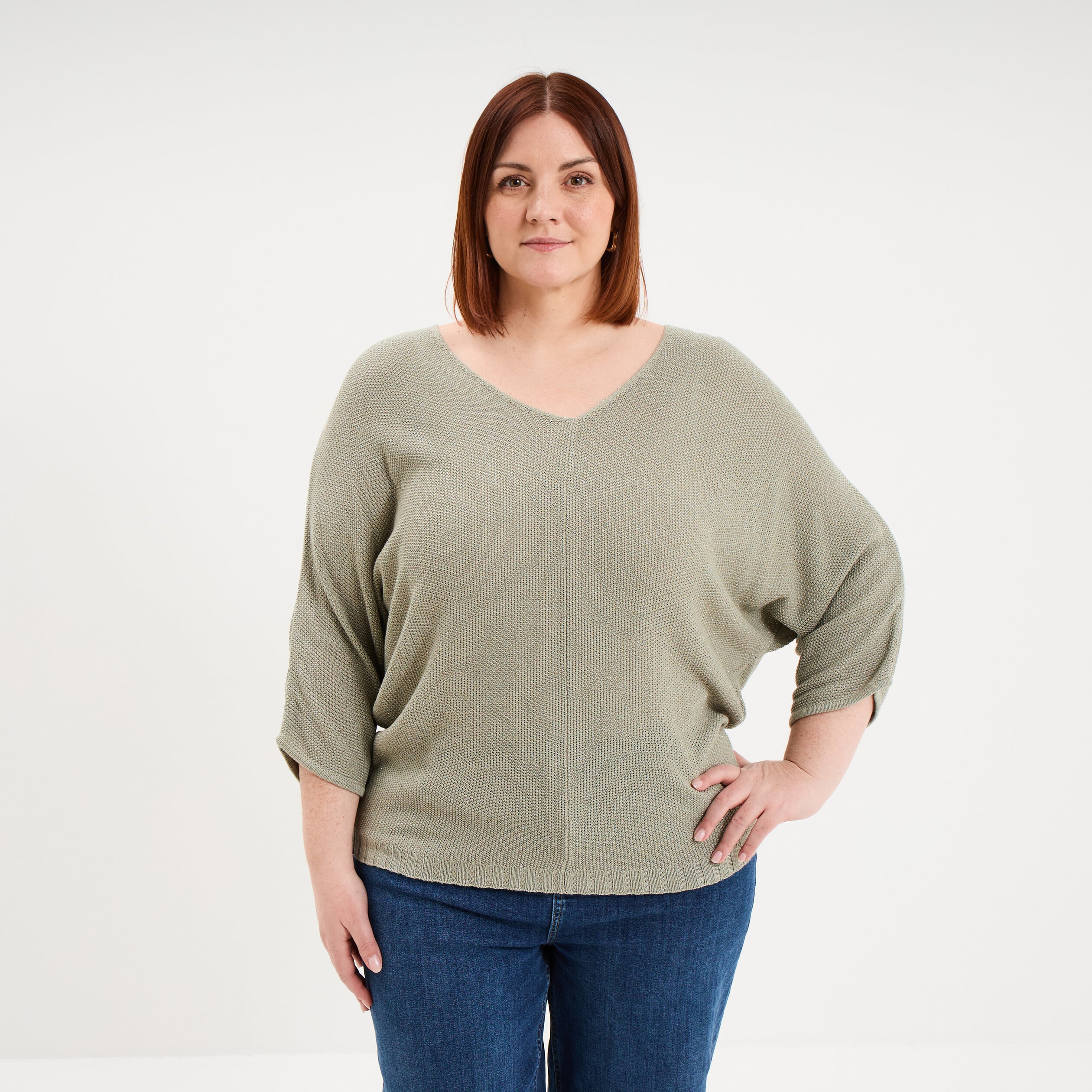 Pull manches 3/4 col en V vert kaki femme grande taille