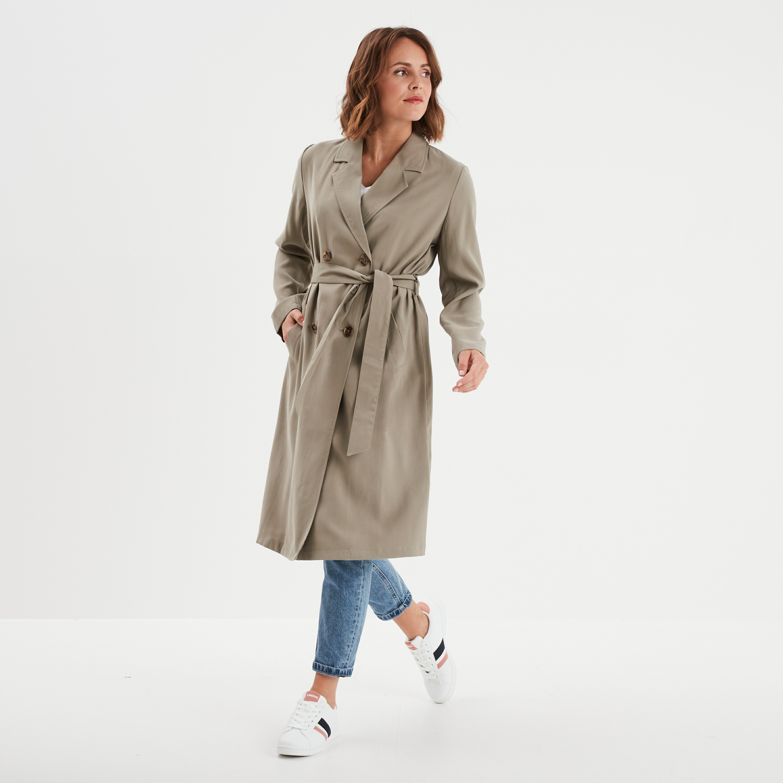 trench long fluide ceinture vert kaki femme Trench long fluide ceinturé vert kaki femme