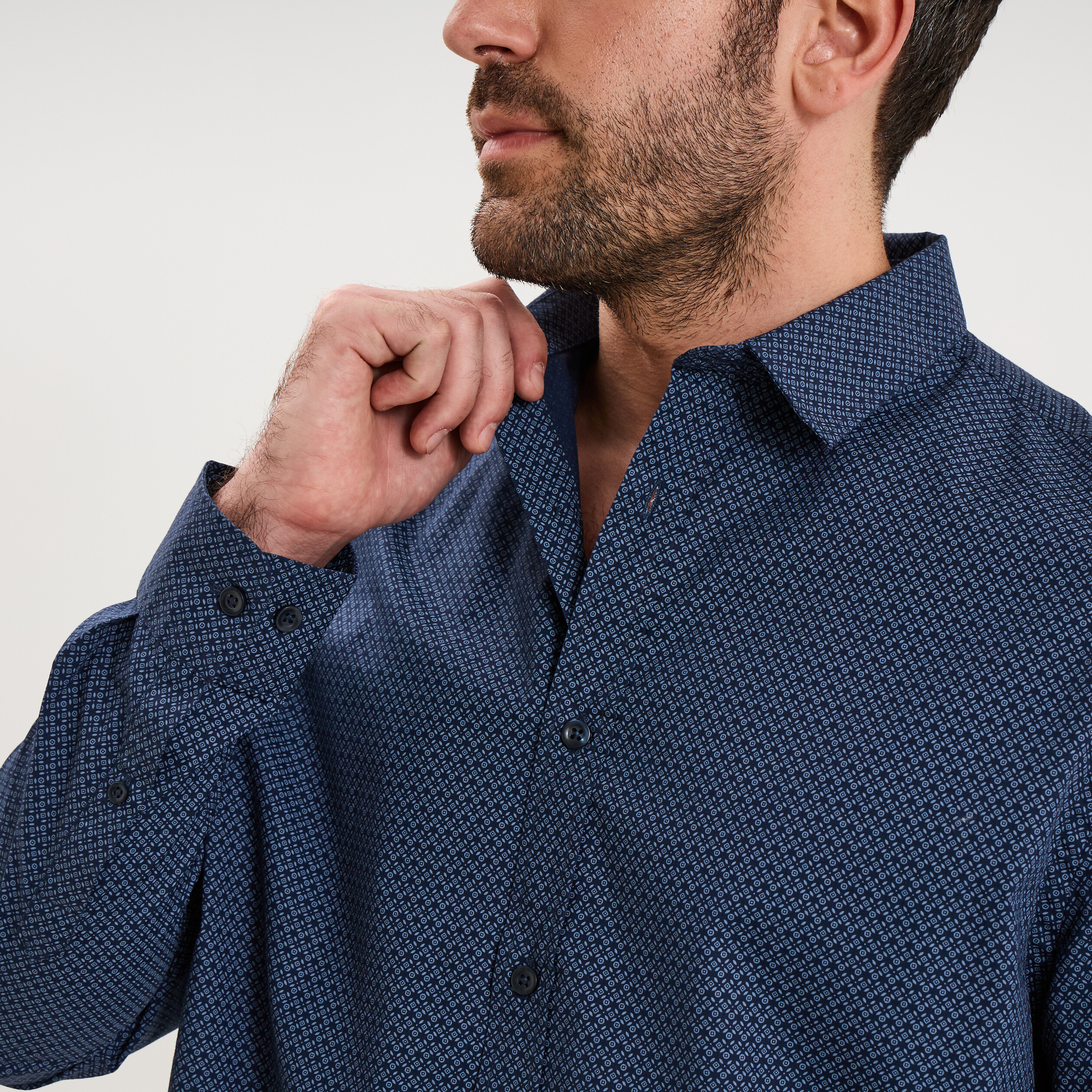Chemise droite imprim&eacute;e manches longues bleu marine homme