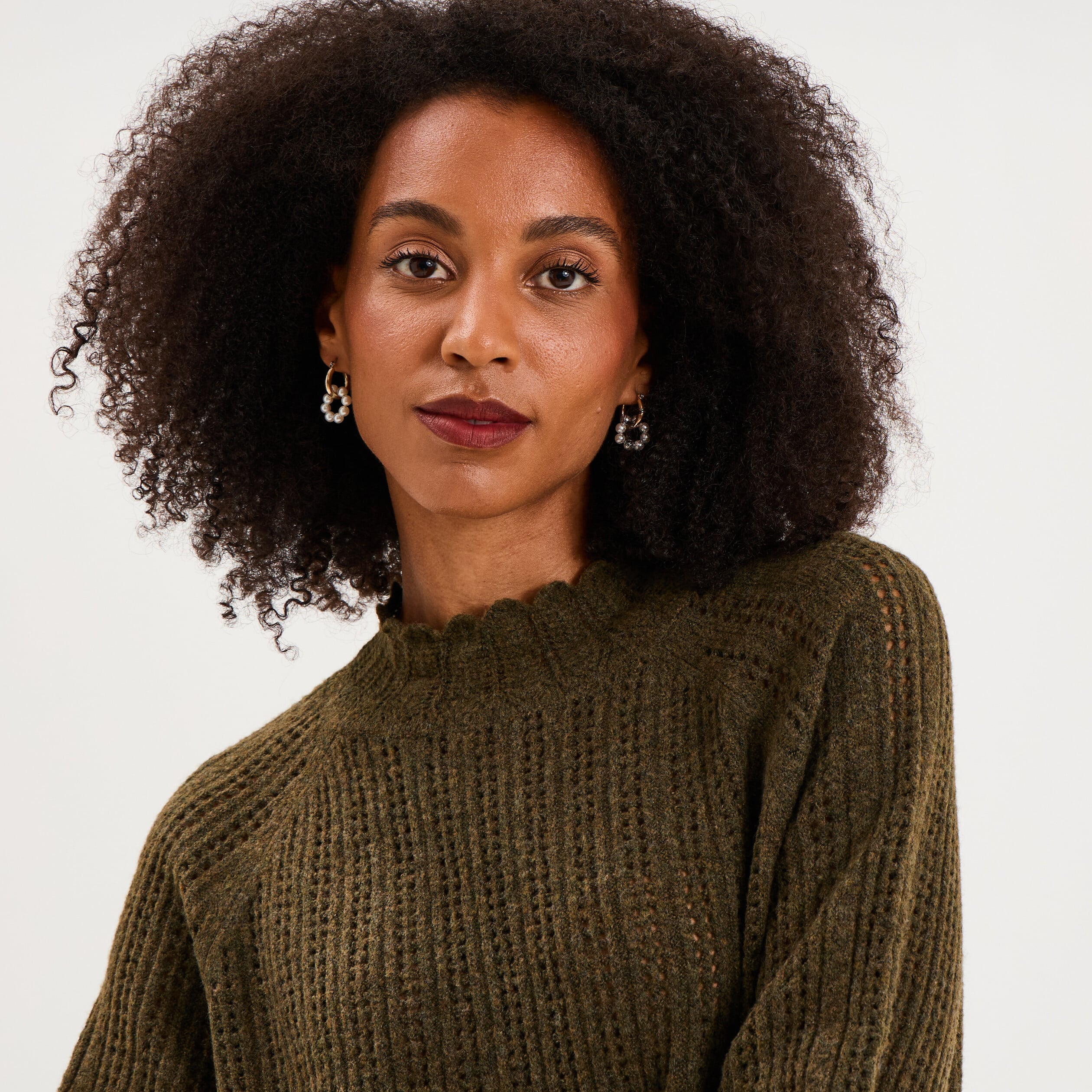 Pull col montant textur&eacute; manches longues vert kaki femme