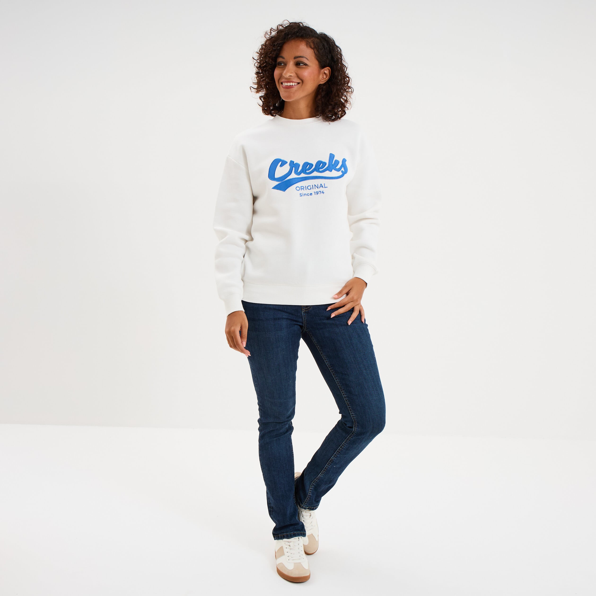 Sweat molleton col rond manches longues blanc femme