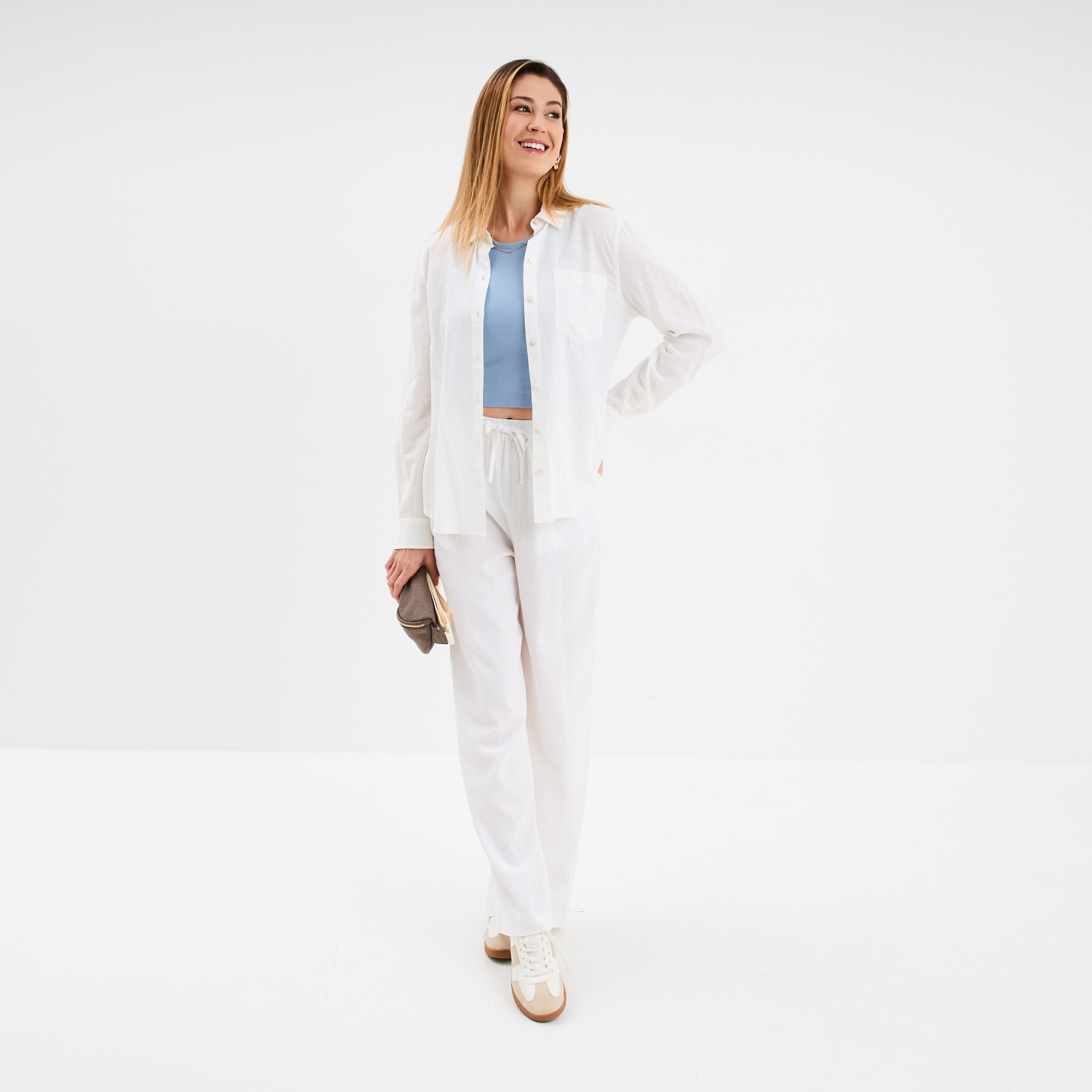 Chemisier Femme En Lin Et Coton - Manches Longues - Col En V - Blanc - Léger Et Respirant - Pour été Et Mi-saison