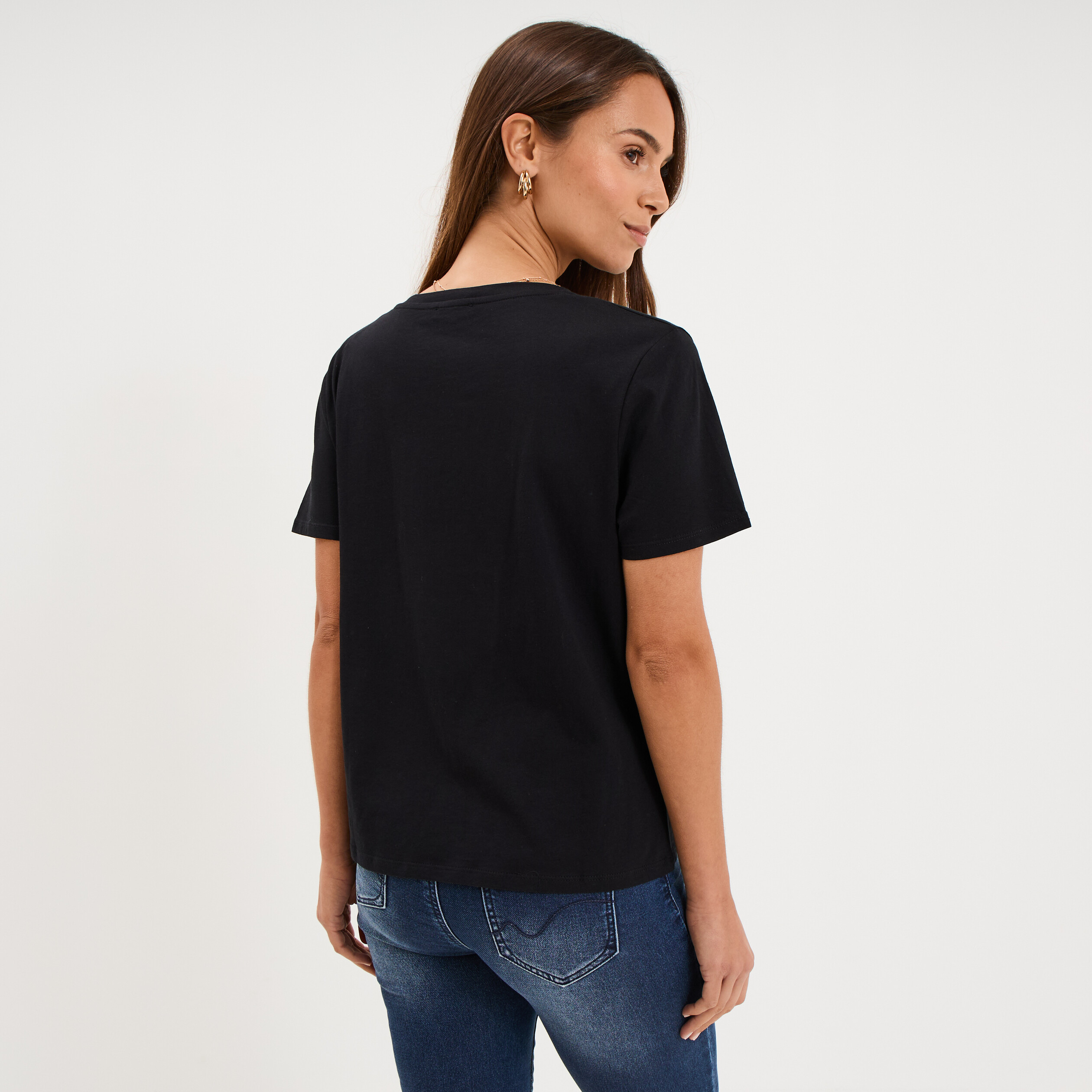 T-shirt manches courtes col en V coton noir femme