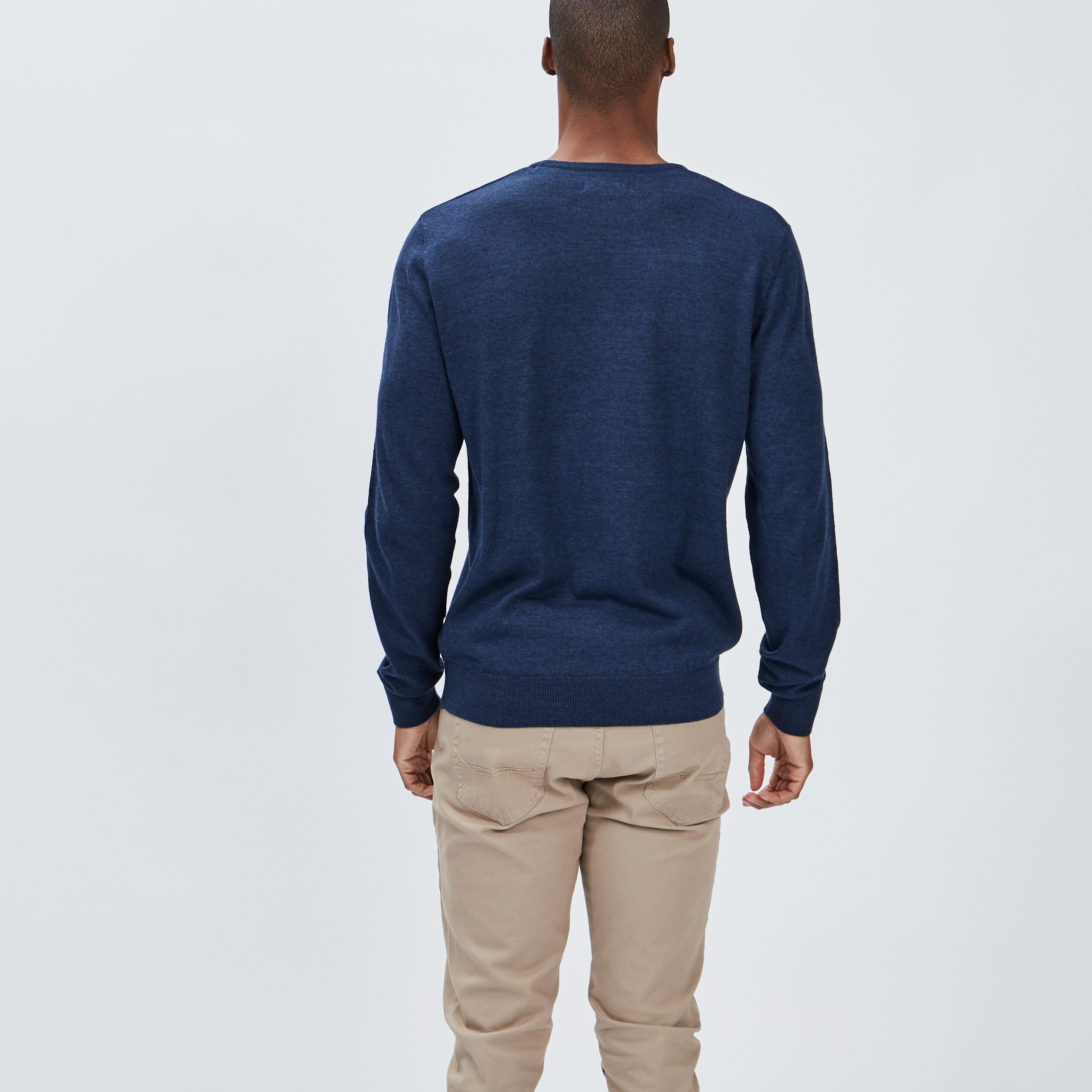 Pull droit col rond coton m&eacute;lang&eacute; bleu fonc&eacute; homme