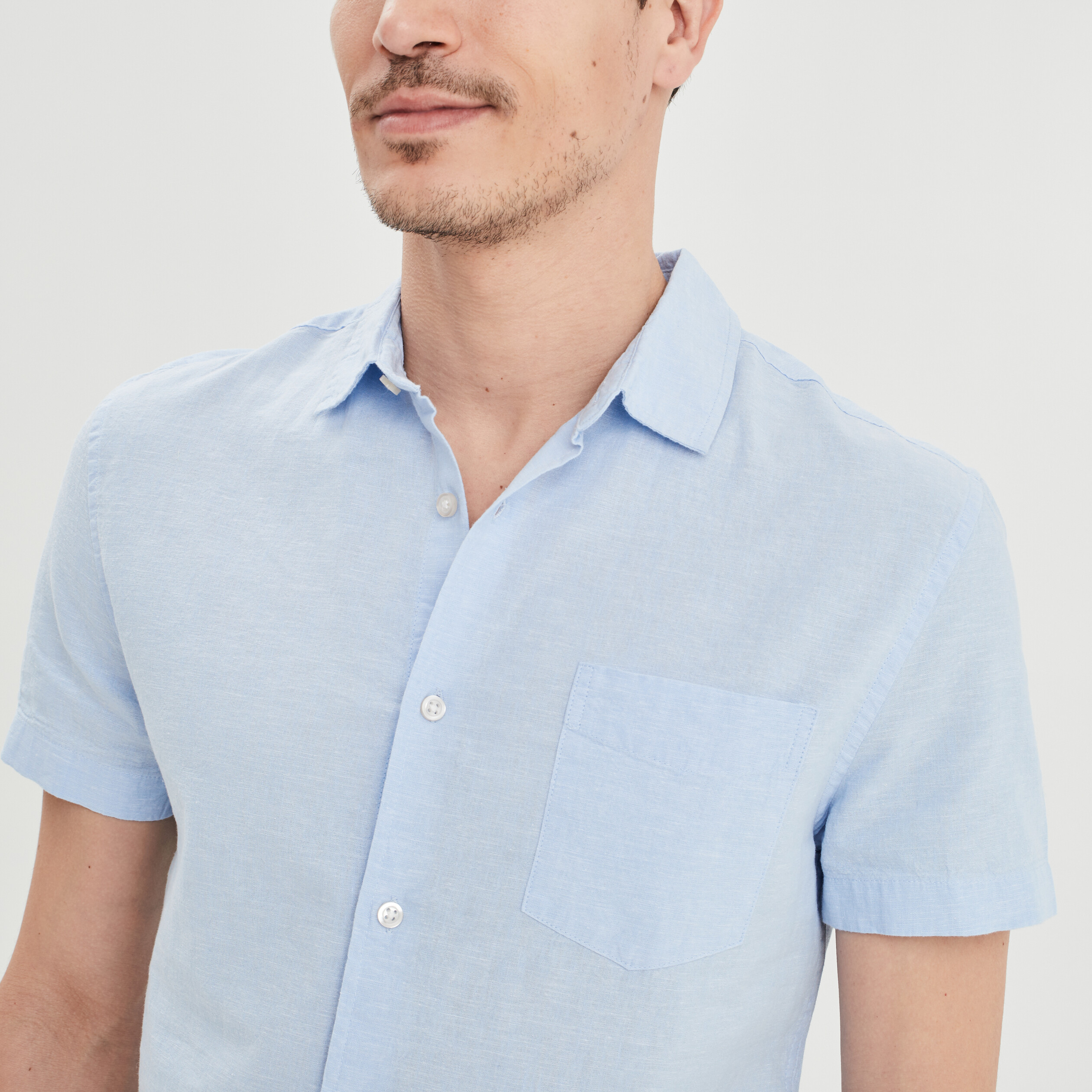 chemise manches courtes lin melange bleu ciel homme Chemise manches courtes lin mélangé bleu ciel homme