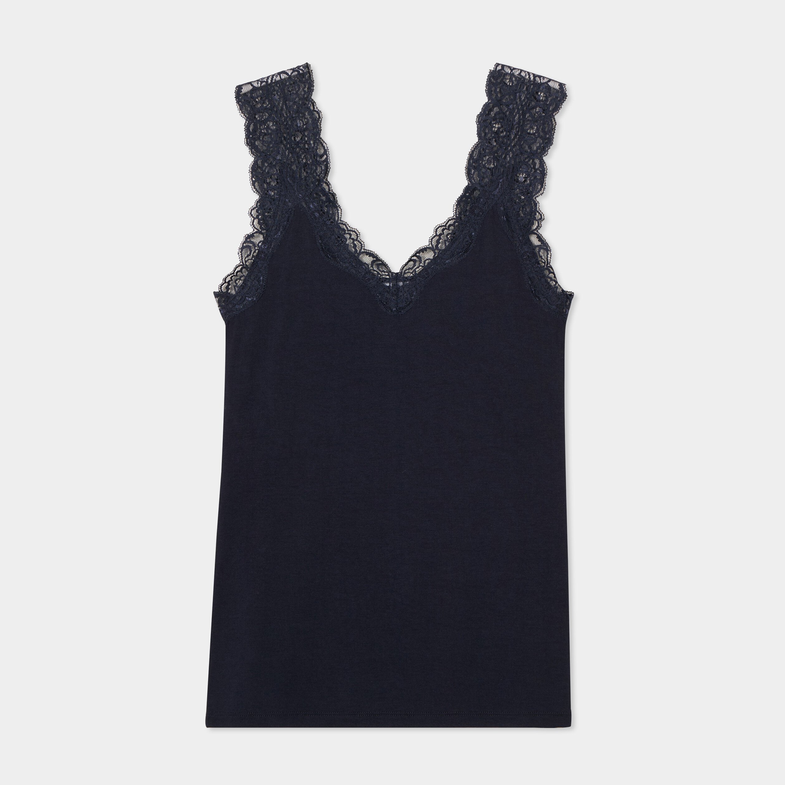 debardeur ajuste avec dentelle bleu fonce femme Débardeur ajusté avec dentelle bleu foncé femme