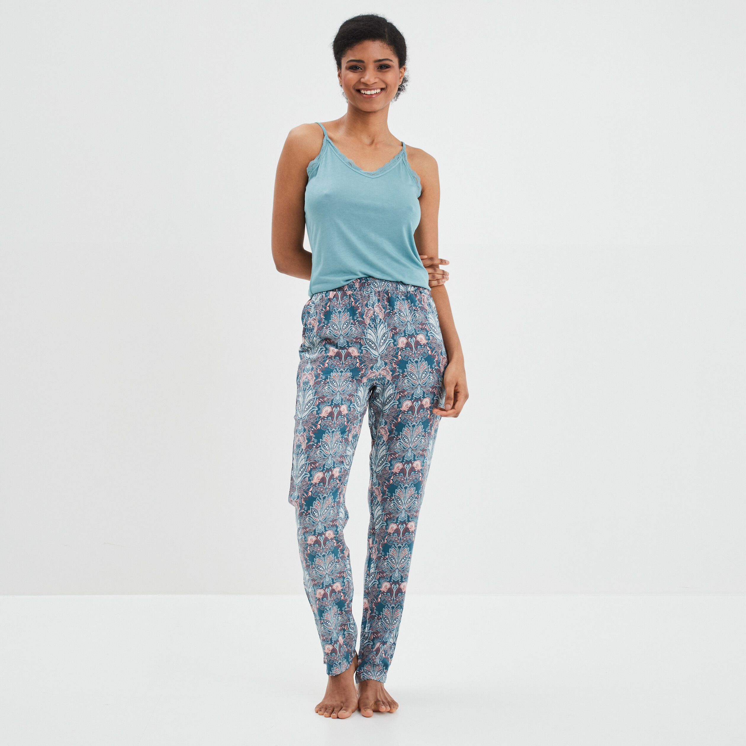 pantalon de pyjama fluide taille haute bleu femme Pantalon de pyjama fluide taille haute bleu femme