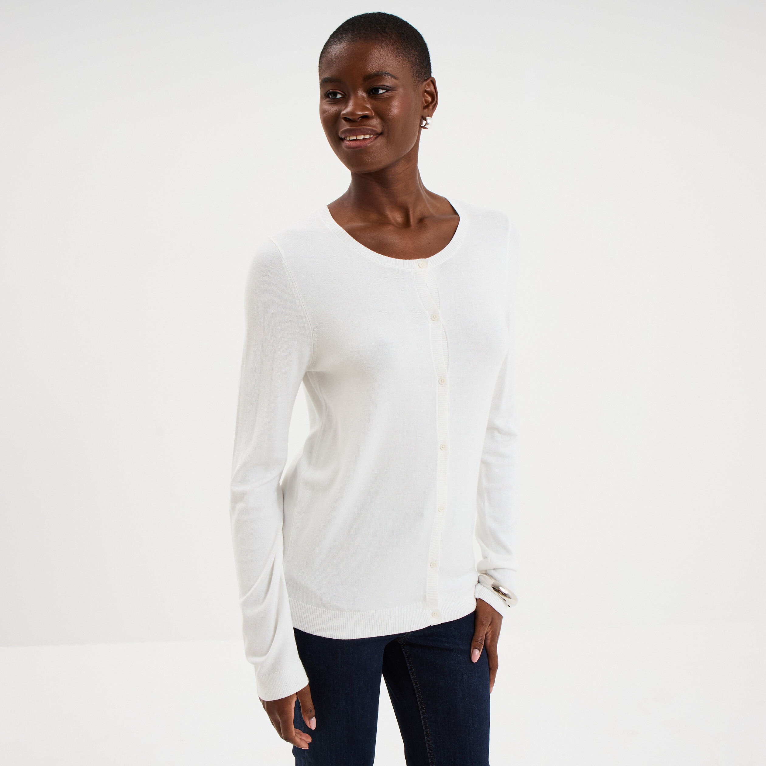 Gilet col rond manches longues blanc femme