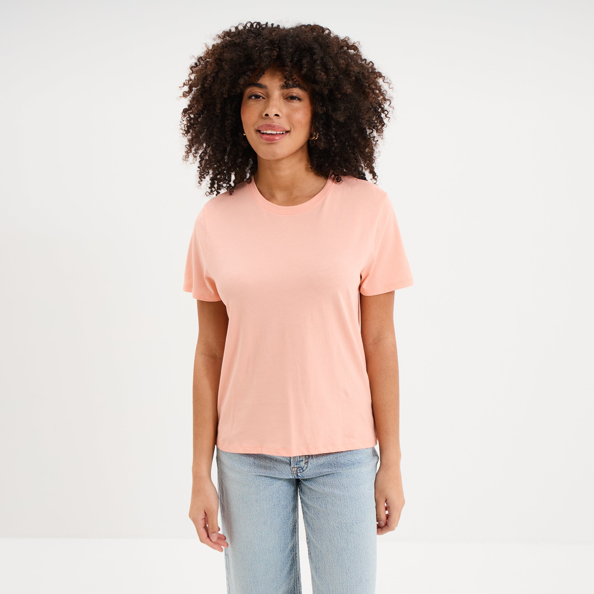 T-shirt col rond manches courtes coton rose poudr&eacute;e femme