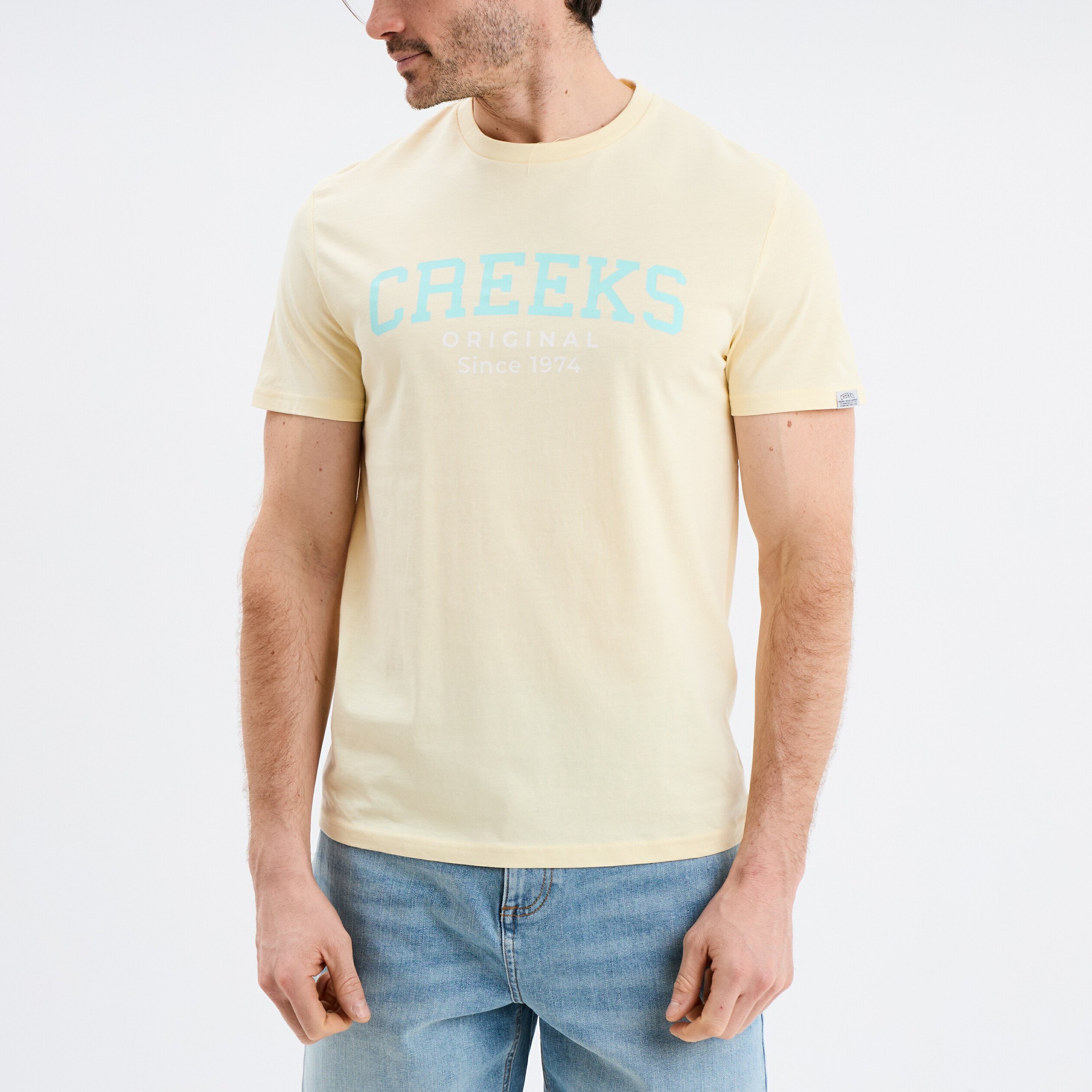 T-shirt col rond manches courtes coton jaune clair homme