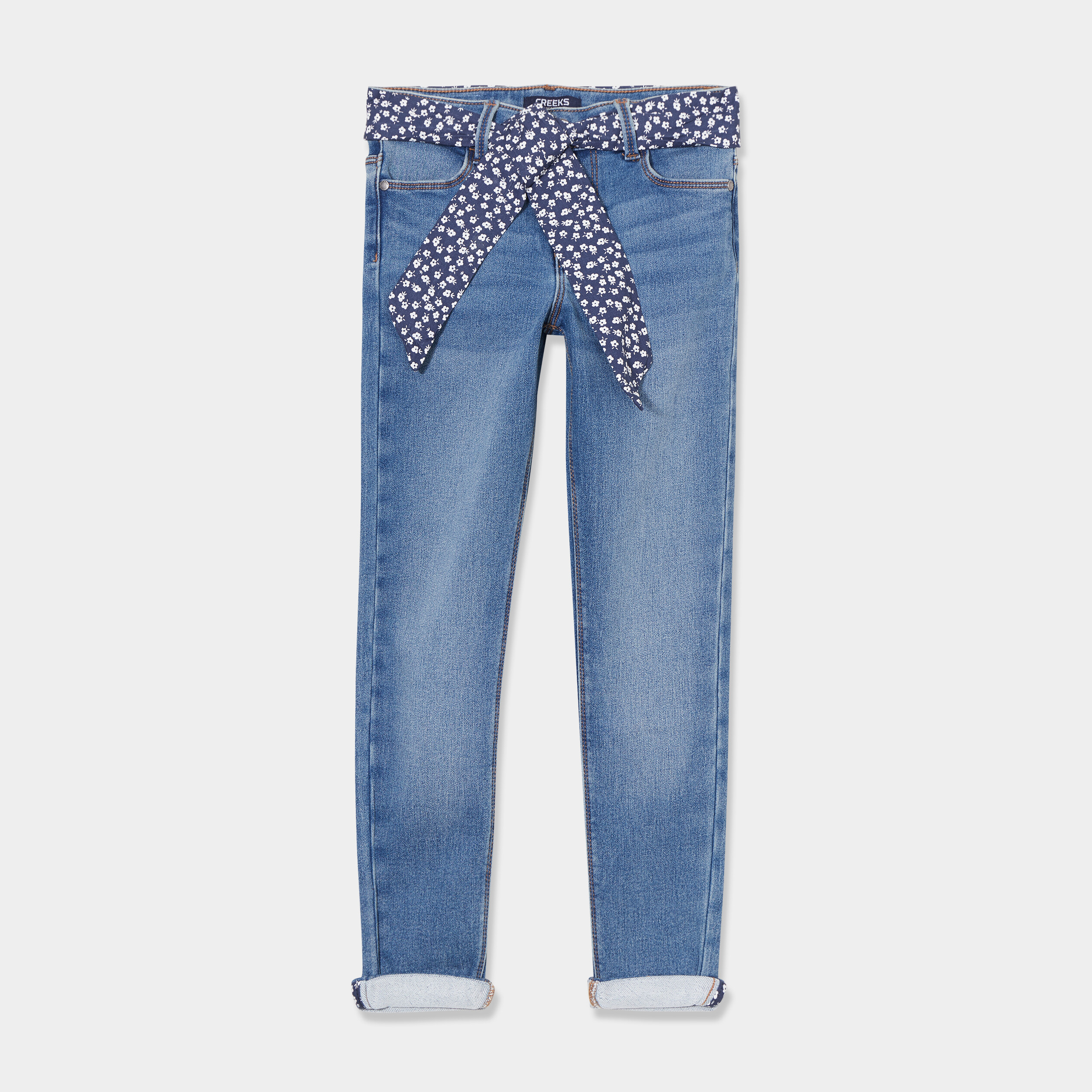 Jean stretch skinny ceinture foulard denim stone fille