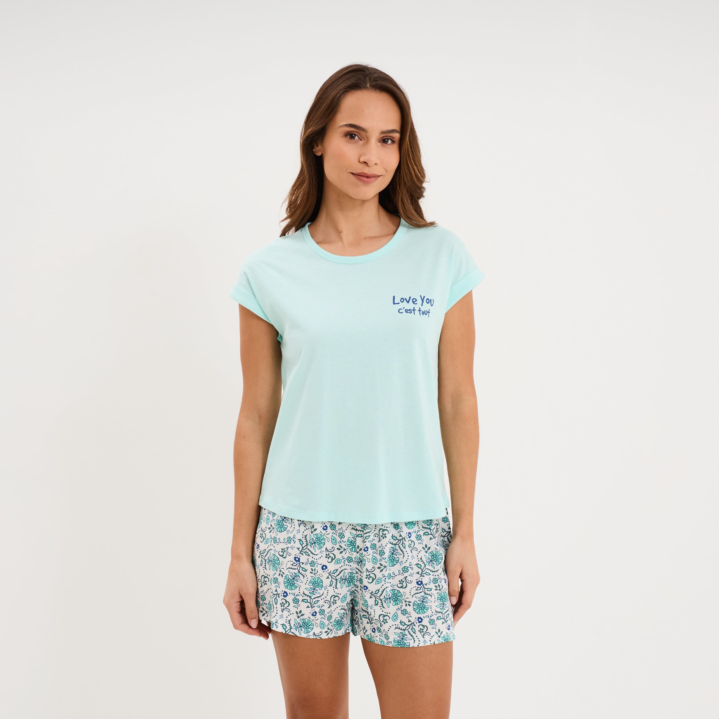 Ensemble pyjama short et t-shirt ecru femme