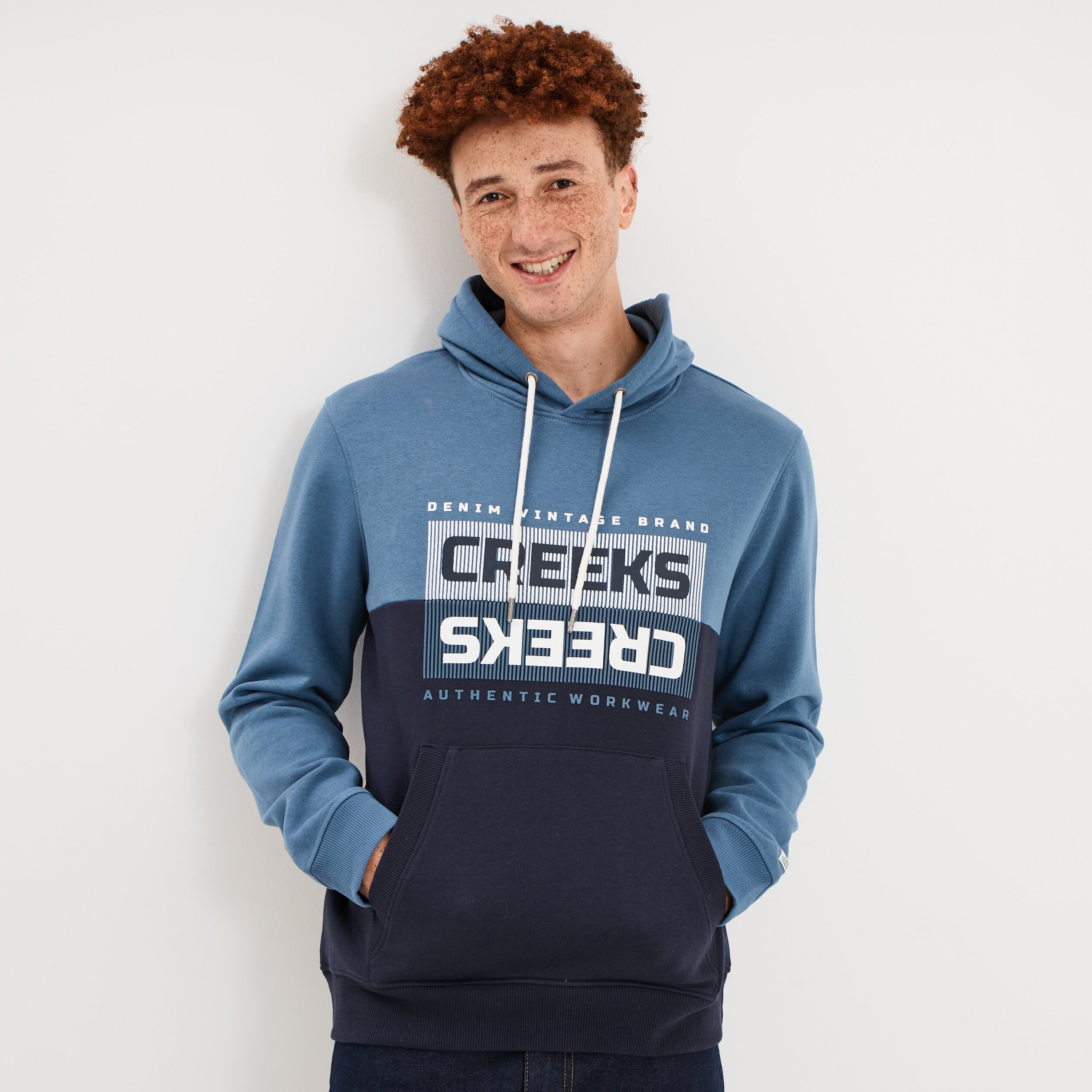 Sweat hoodie 1 poche &agrave; capuche molleton bleu gris homme