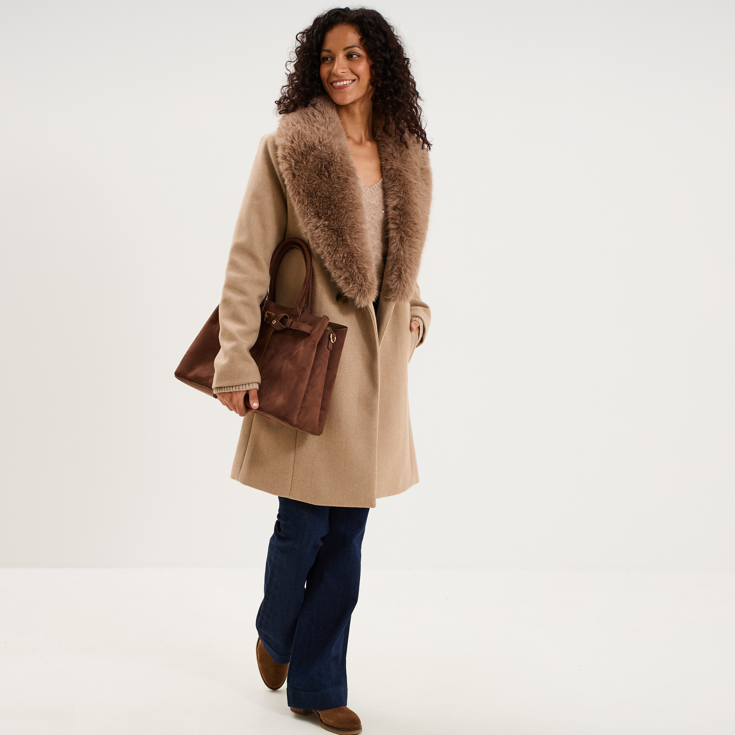 Manteau col fausse fourrure amovible taupe femme