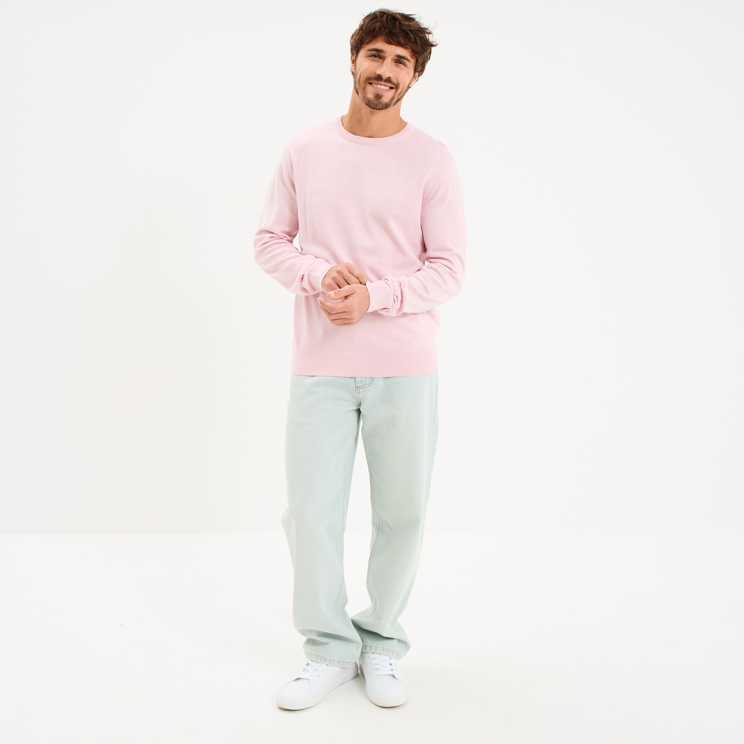 Pull droit col rond coton m&eacute;lang&eacute; rose pastel homme