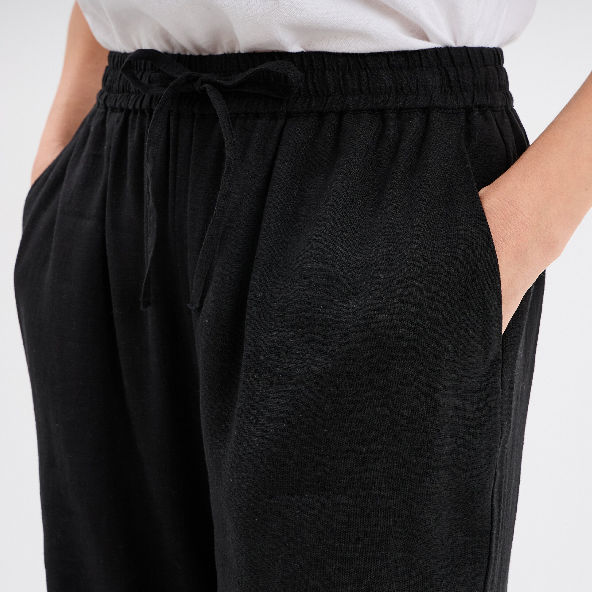pantalon large lin melange noir femme Pantalon large lin mélangé noir femme