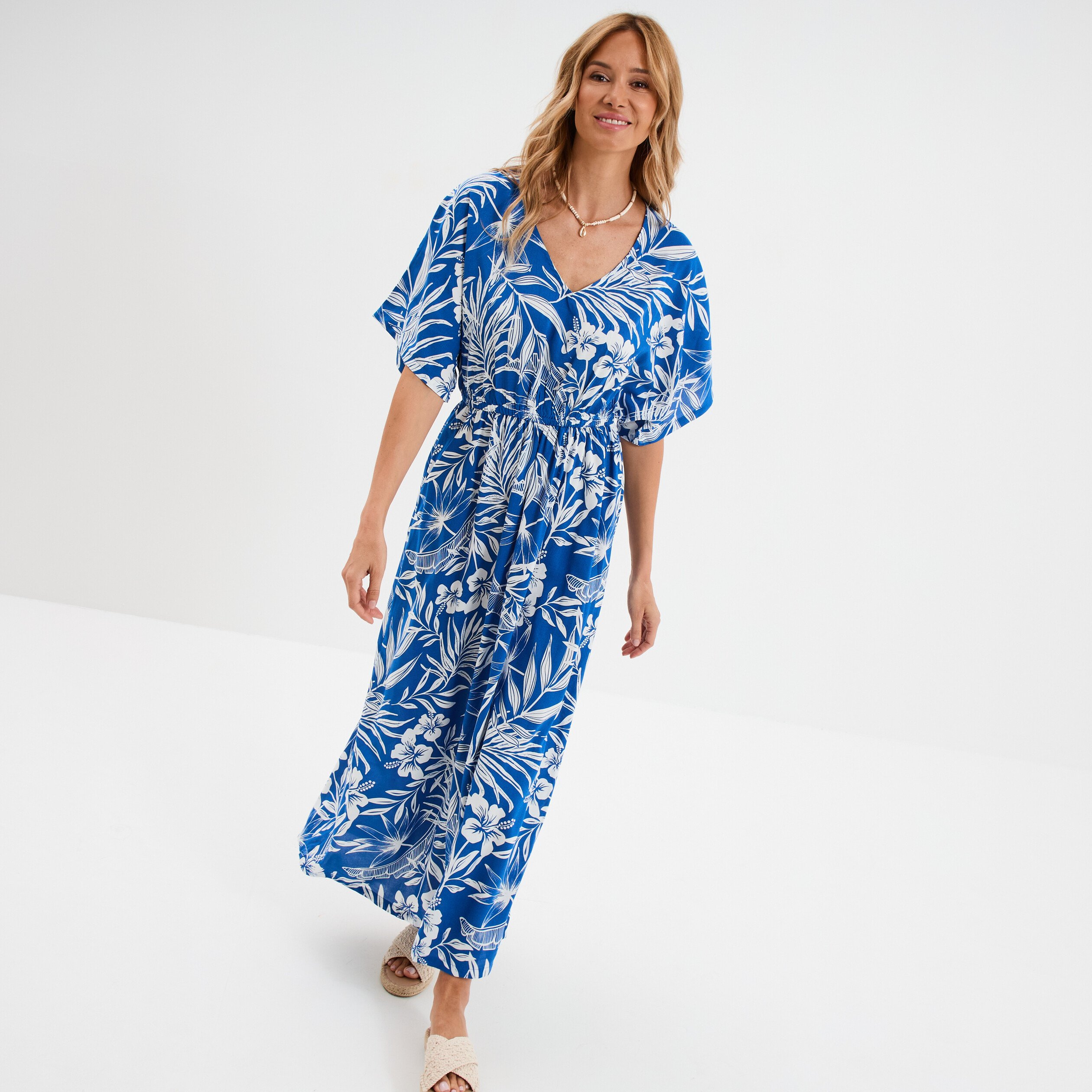 robe midi col en v manches courtes bleu electrique femme Robe midi col en V manches courtes bleu electrique femme
