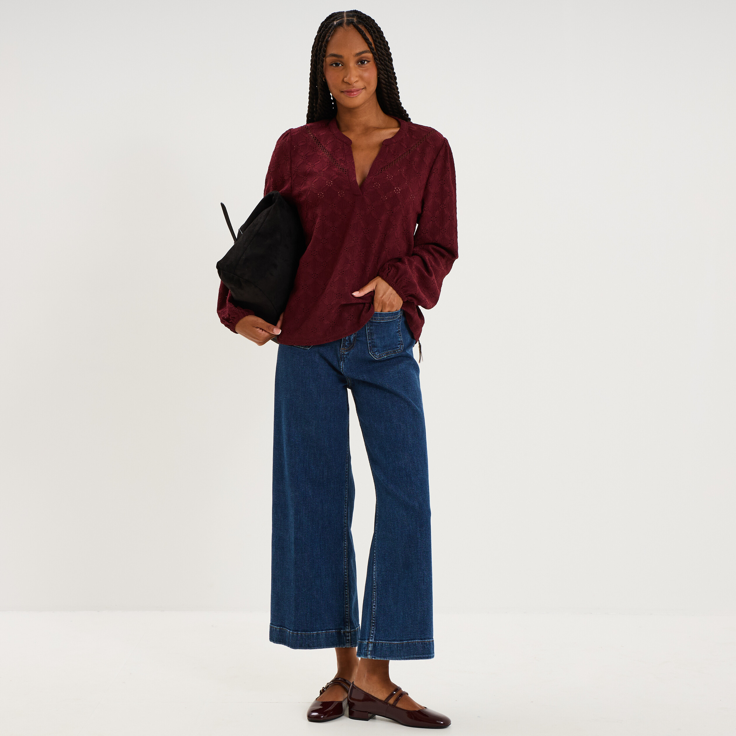 Jean large cropped poches plaqu&eacute;es denim stone femme