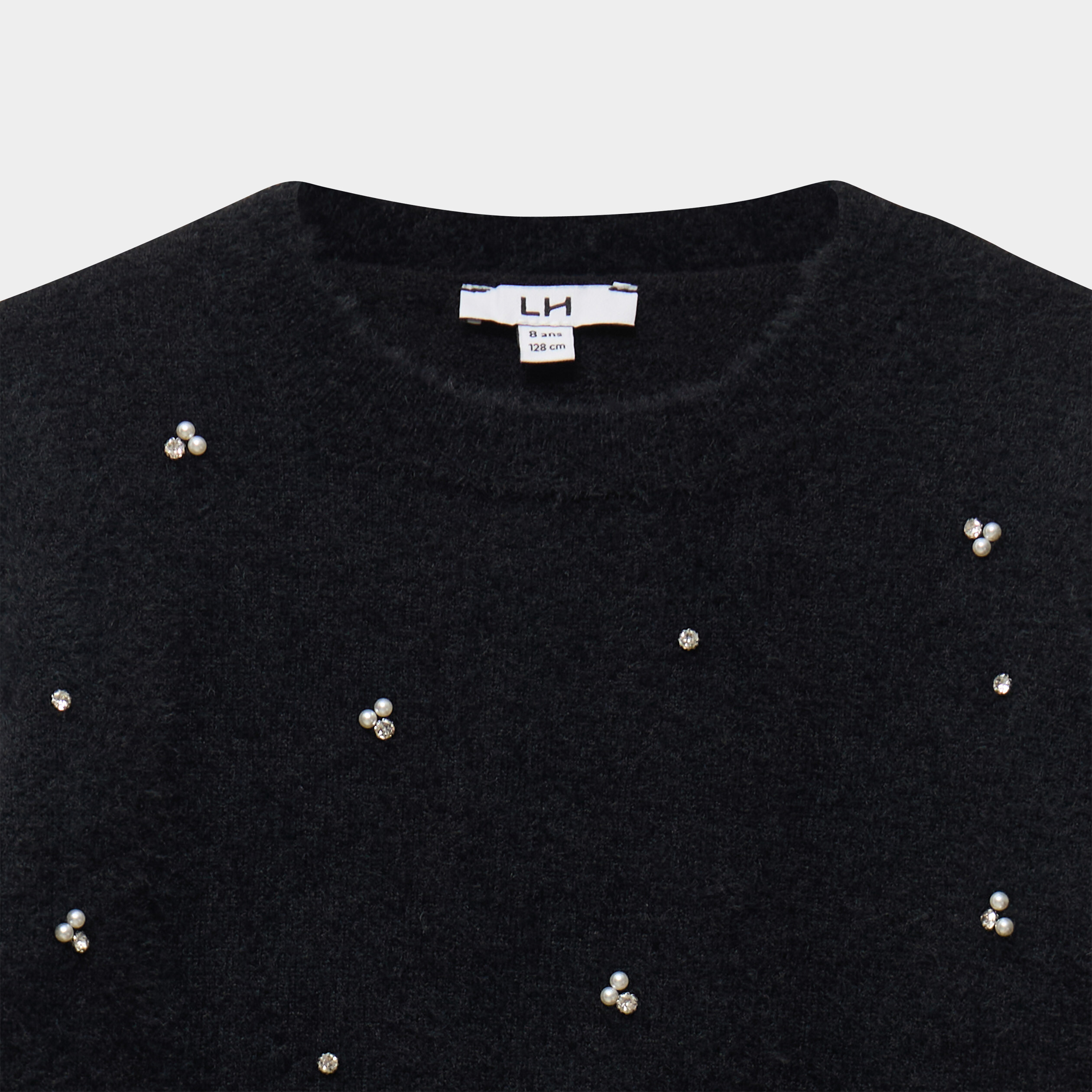 Pull droit col rond &agrave; strass et perles noir fille