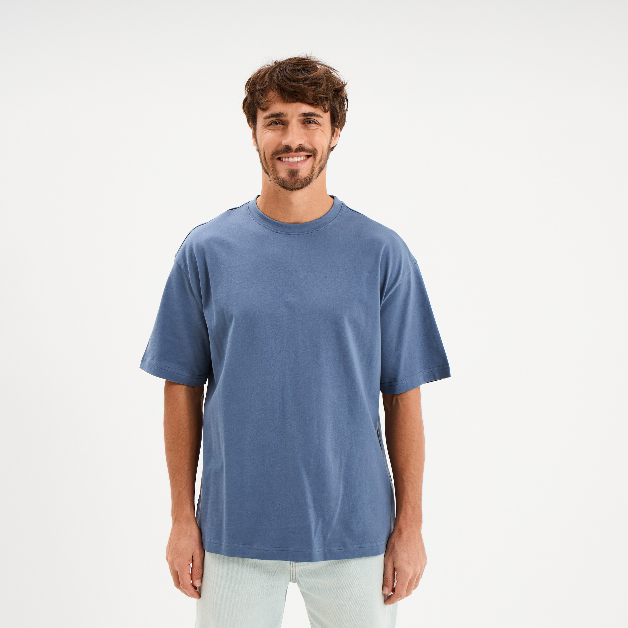 T-shirt col rond coupe relax coton &eacute;pais bleu gris homme