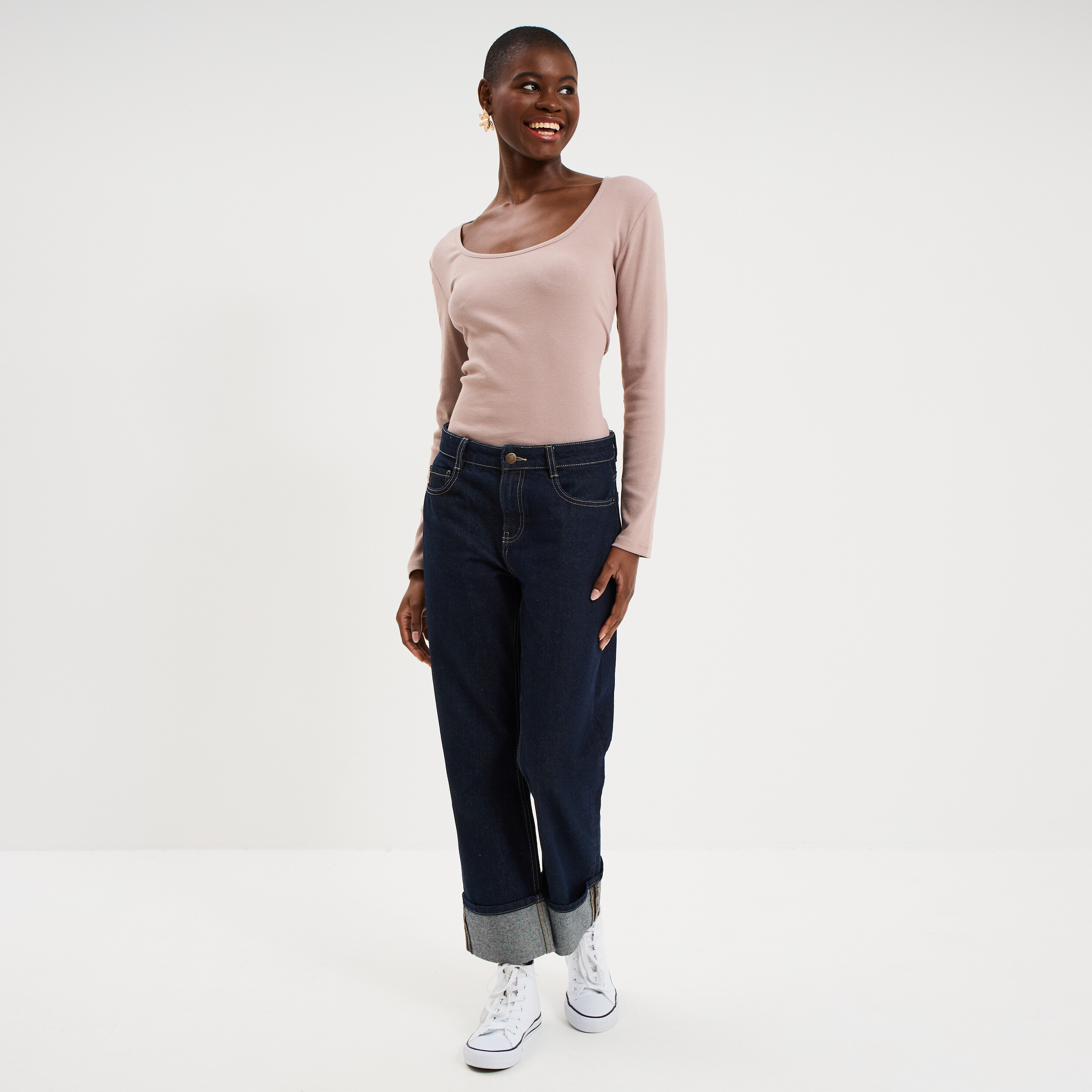 T-shirt coton stretch manches longues marron clair femme