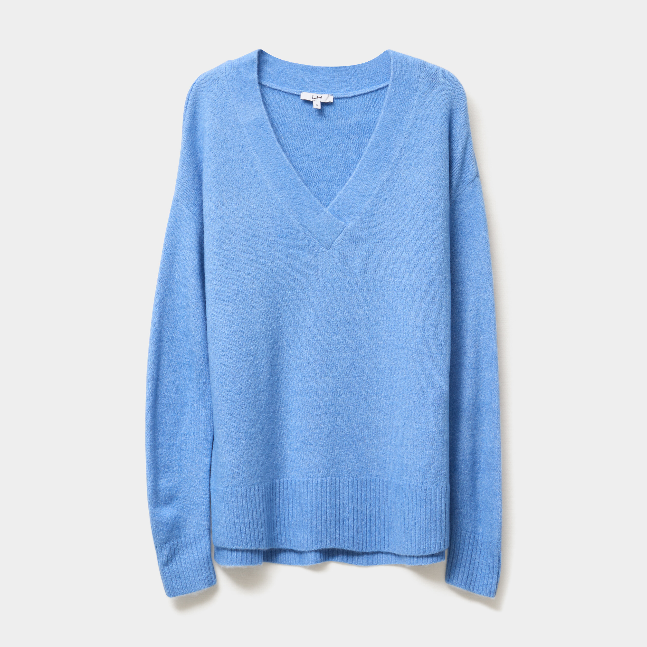 Pull droit ample col V fentes aux c&ocirc;t&eacute;s bleu clair femme