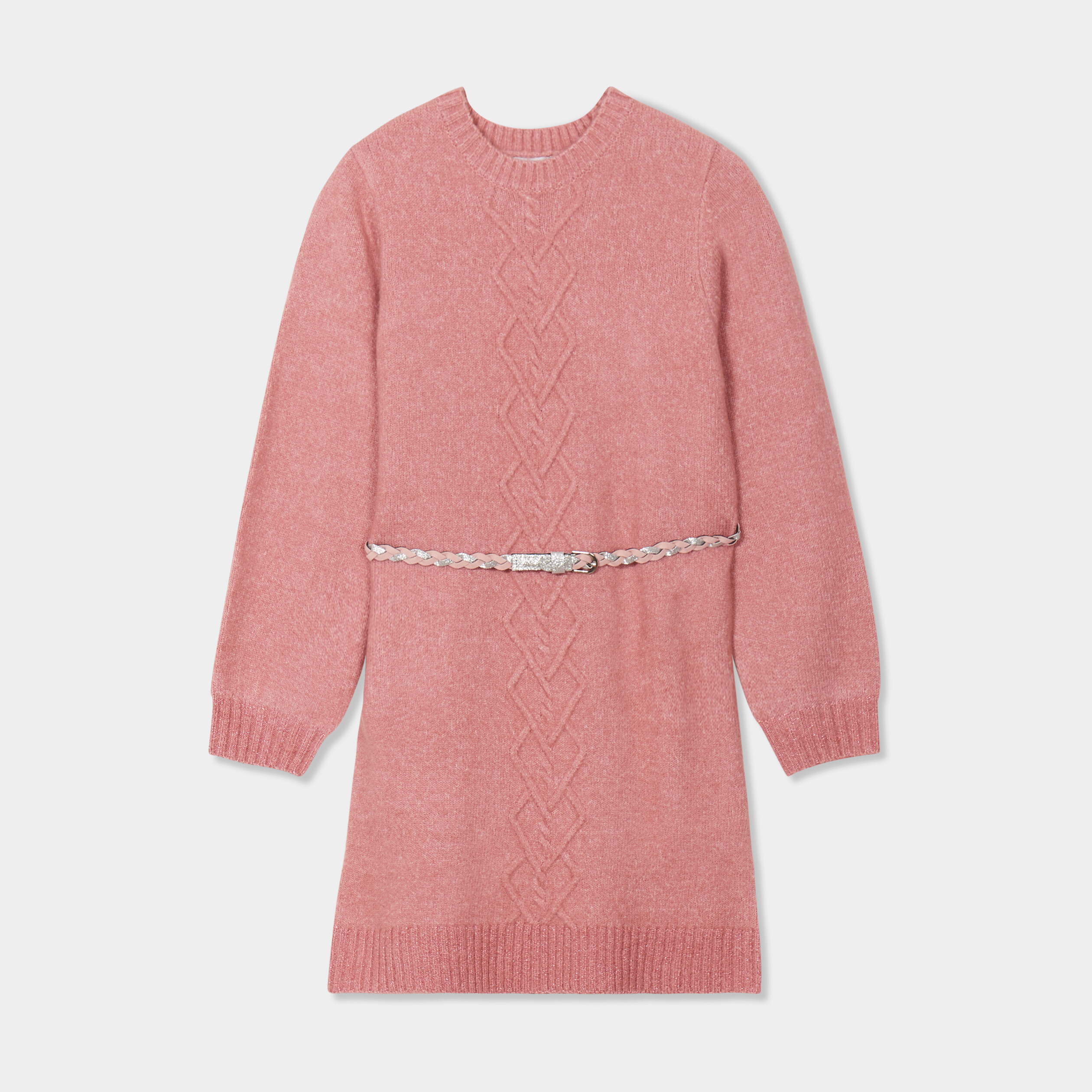 robe pull courte avec ceinture tressee vieux rose fille Robe pull courte avec ceinture tressée vieux rose fille