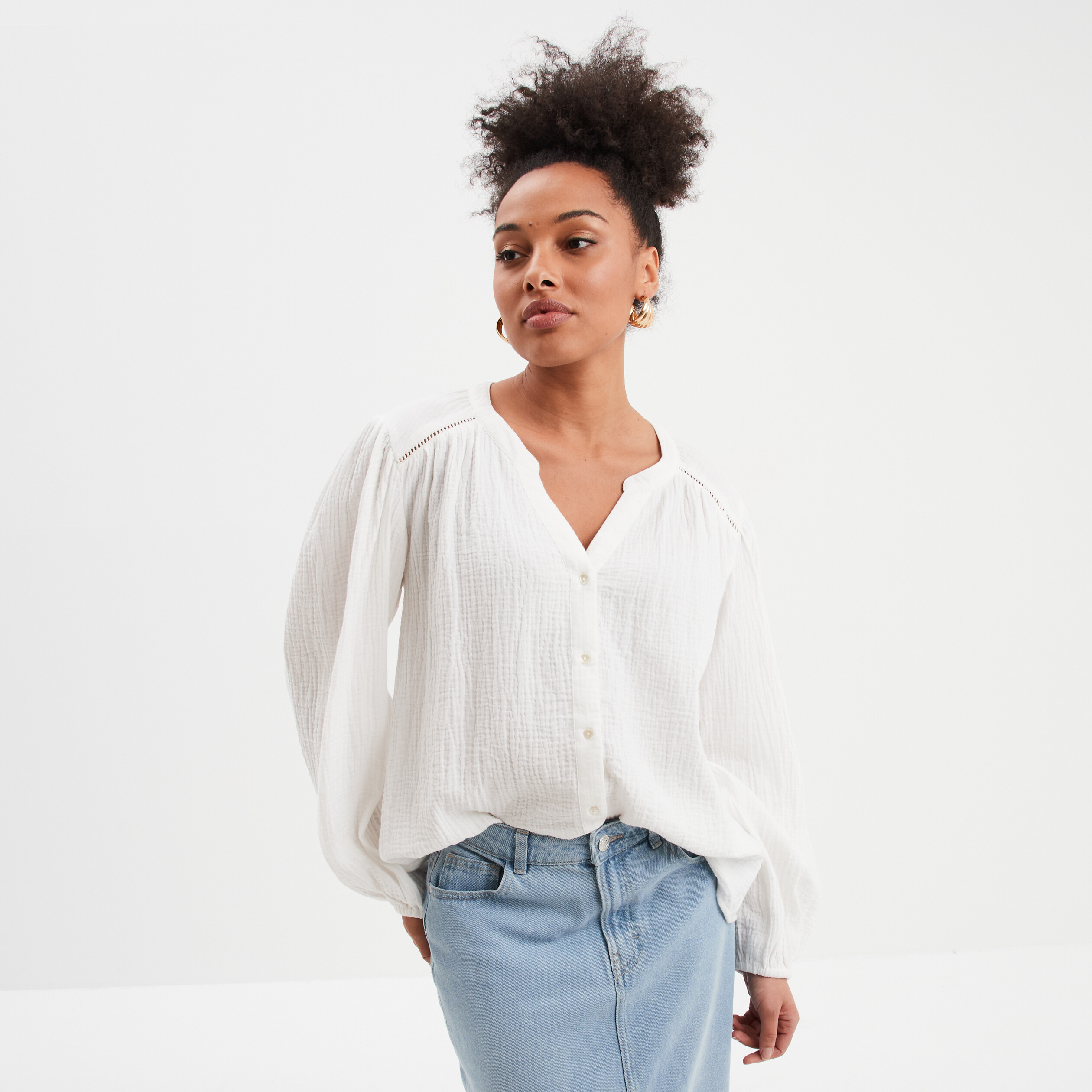 blouse col tunisien gaze de coton creeks blanc femme Blouse col tunisien gaze de coton Creeks blanc femme