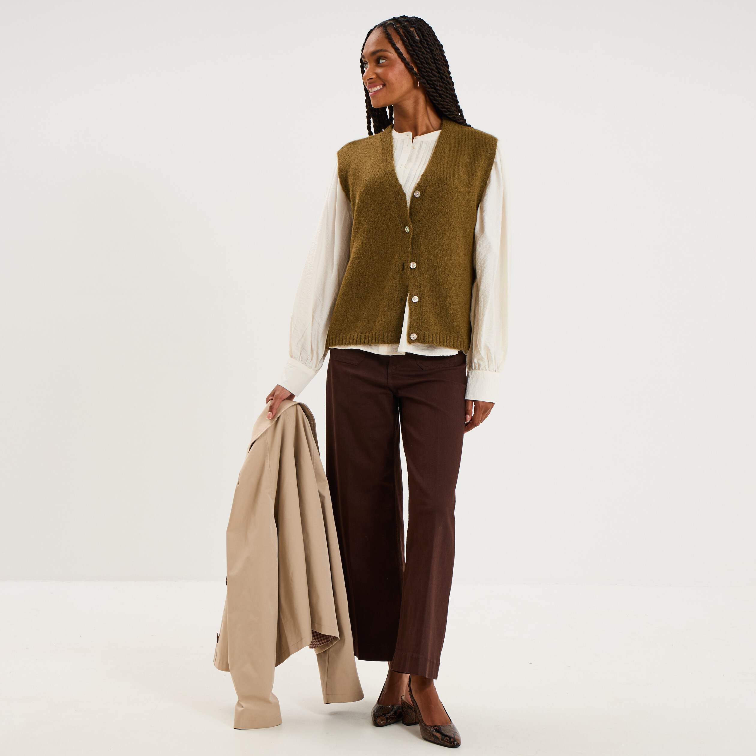 Gilet sans manches col en V vert olive femme