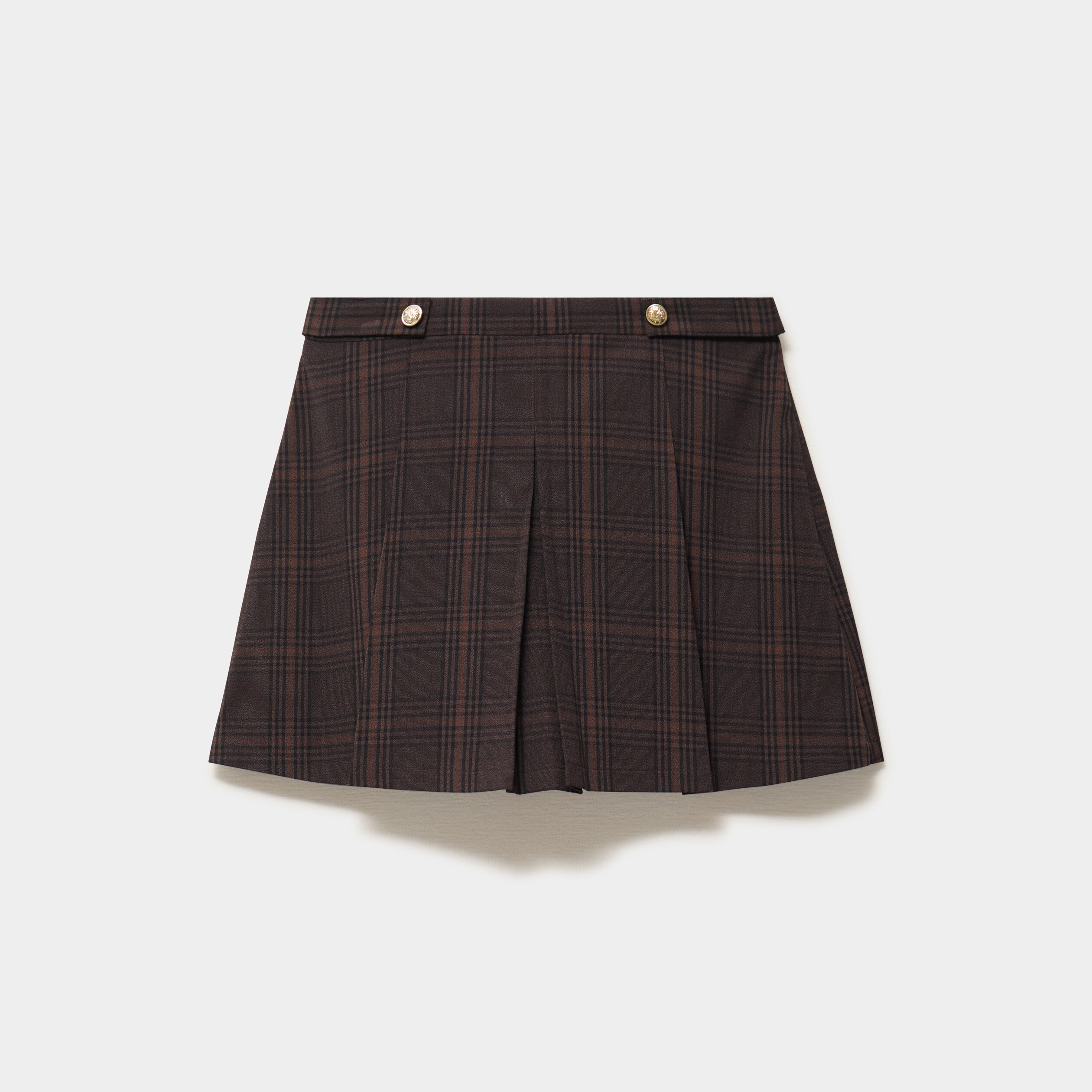 Jupe-short pliss&eacute;e boutons dor&eacute;s marron chocolat femme