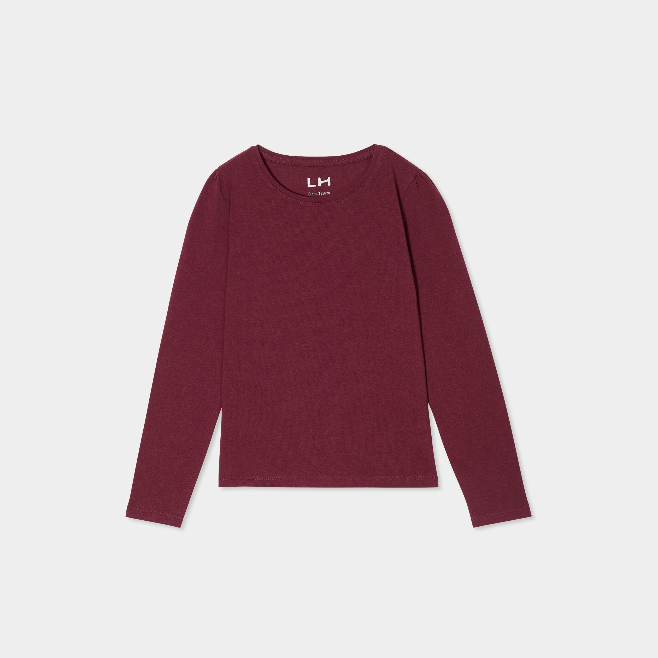 t shirt coton manches longues a fronces bordeaux fille T-shirt coton manches longues à fronces bordeaux fille