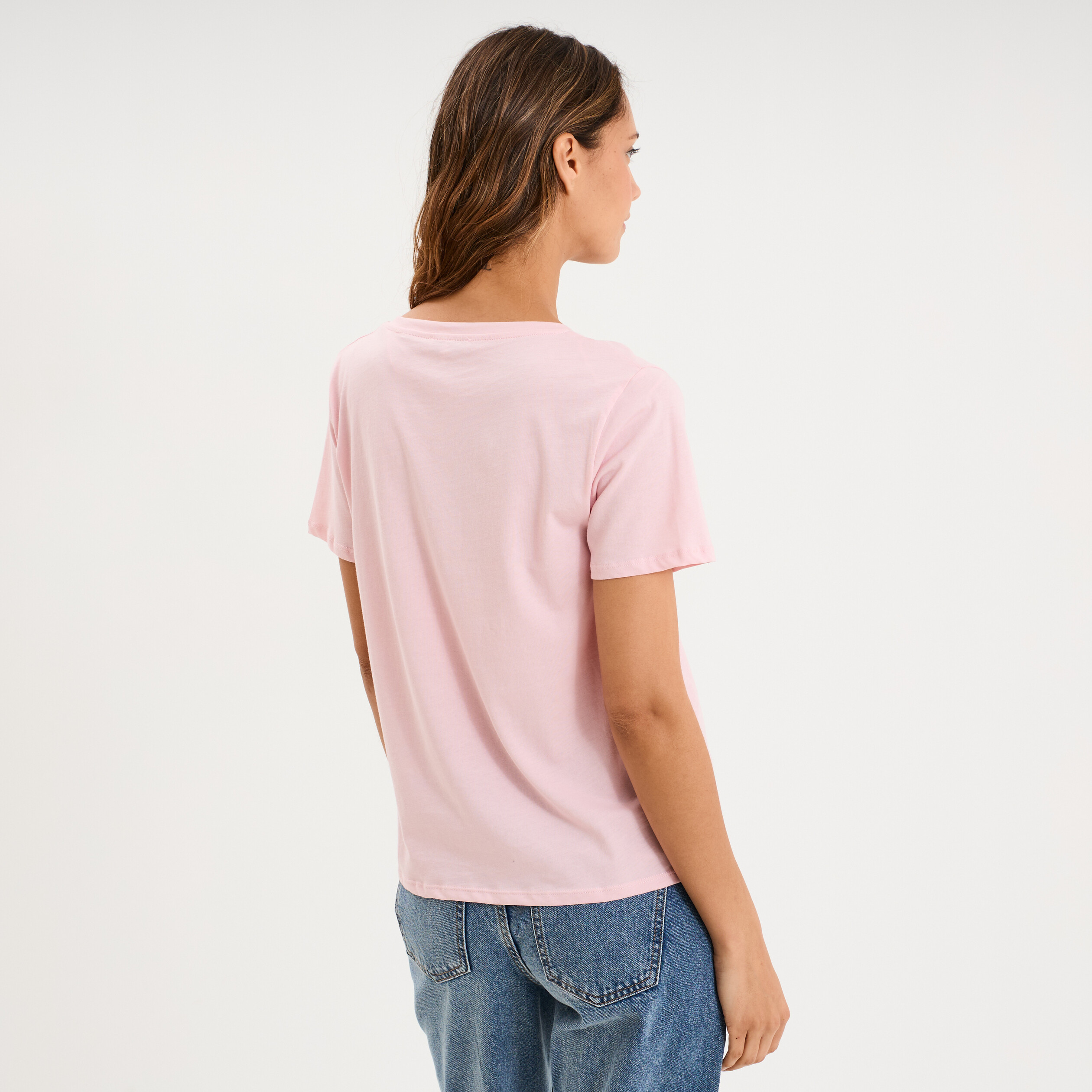 T-shirt manches courtes col en V coton rose clair femme