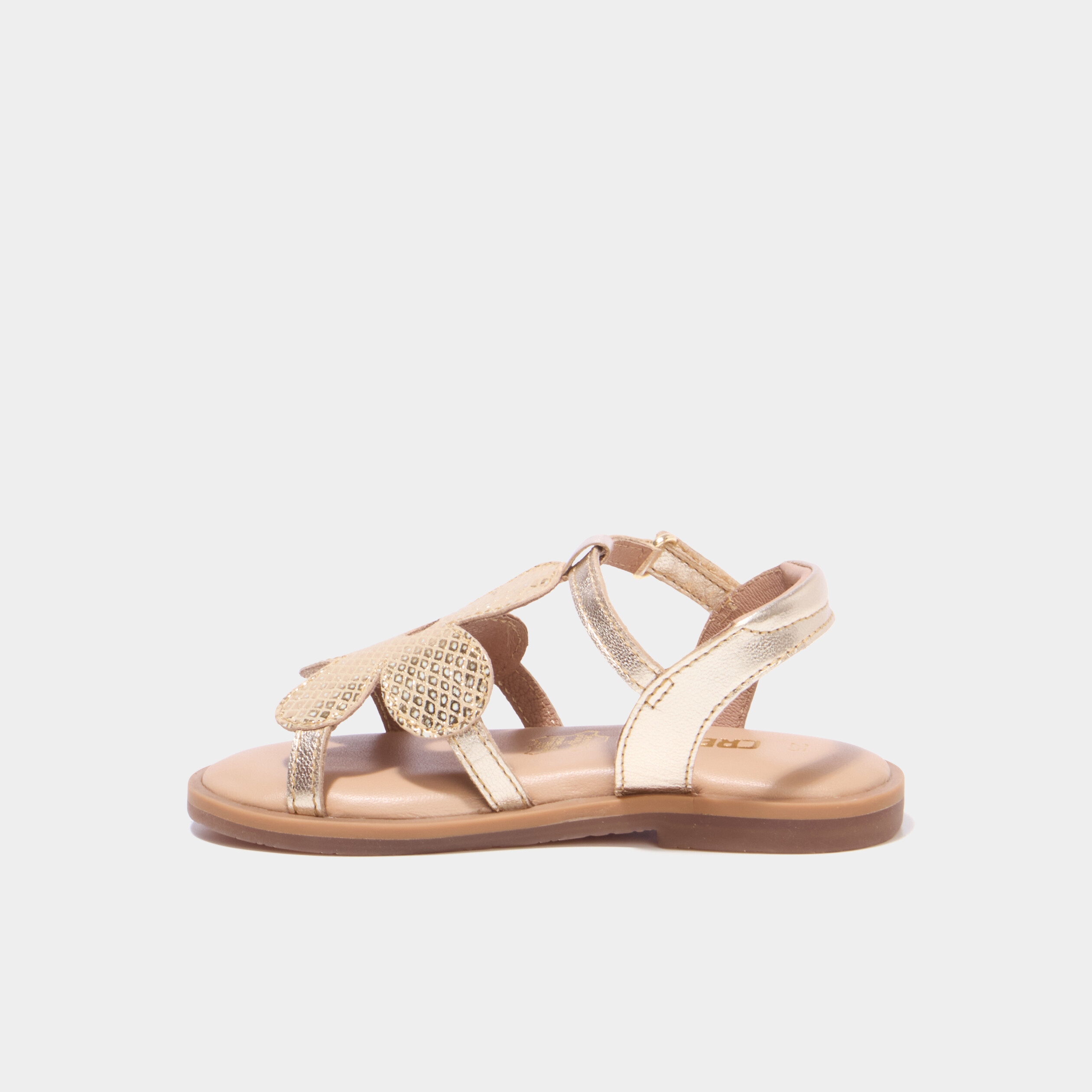 Sandales en cuir fleur bride scratch jaune or fille