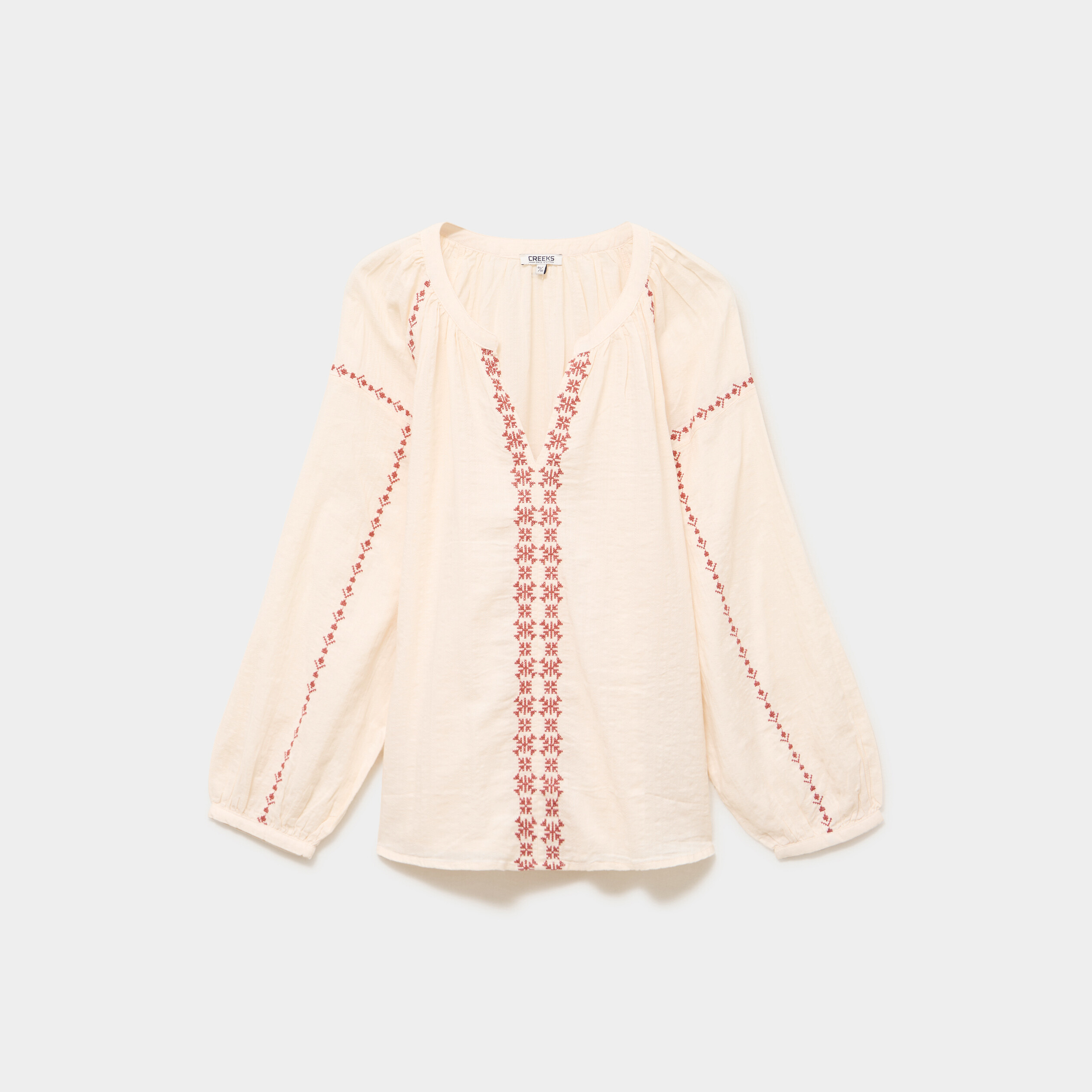 Blouse brod&eacute;e manches longues coton beige femme grande taille