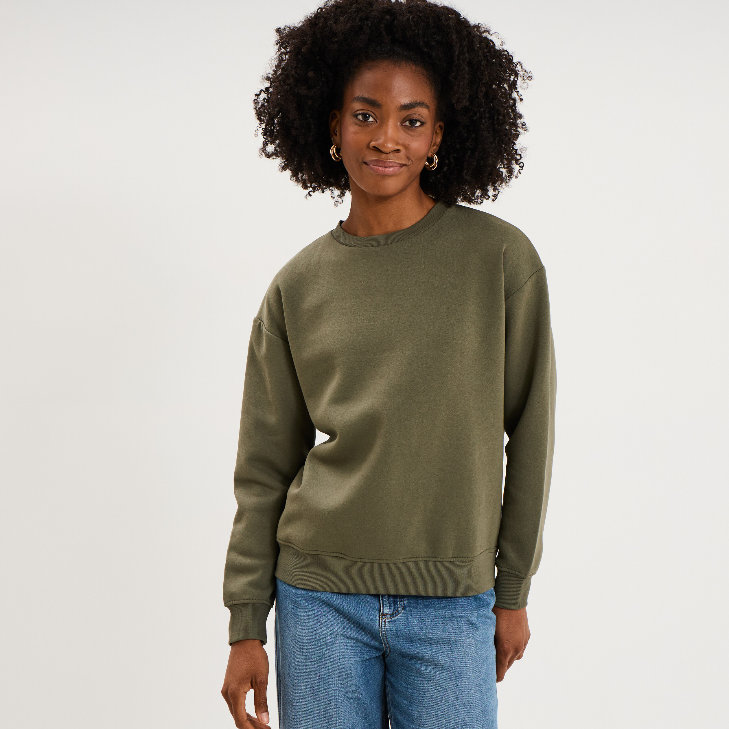 Sweat col rond manches longues vert kaki femme