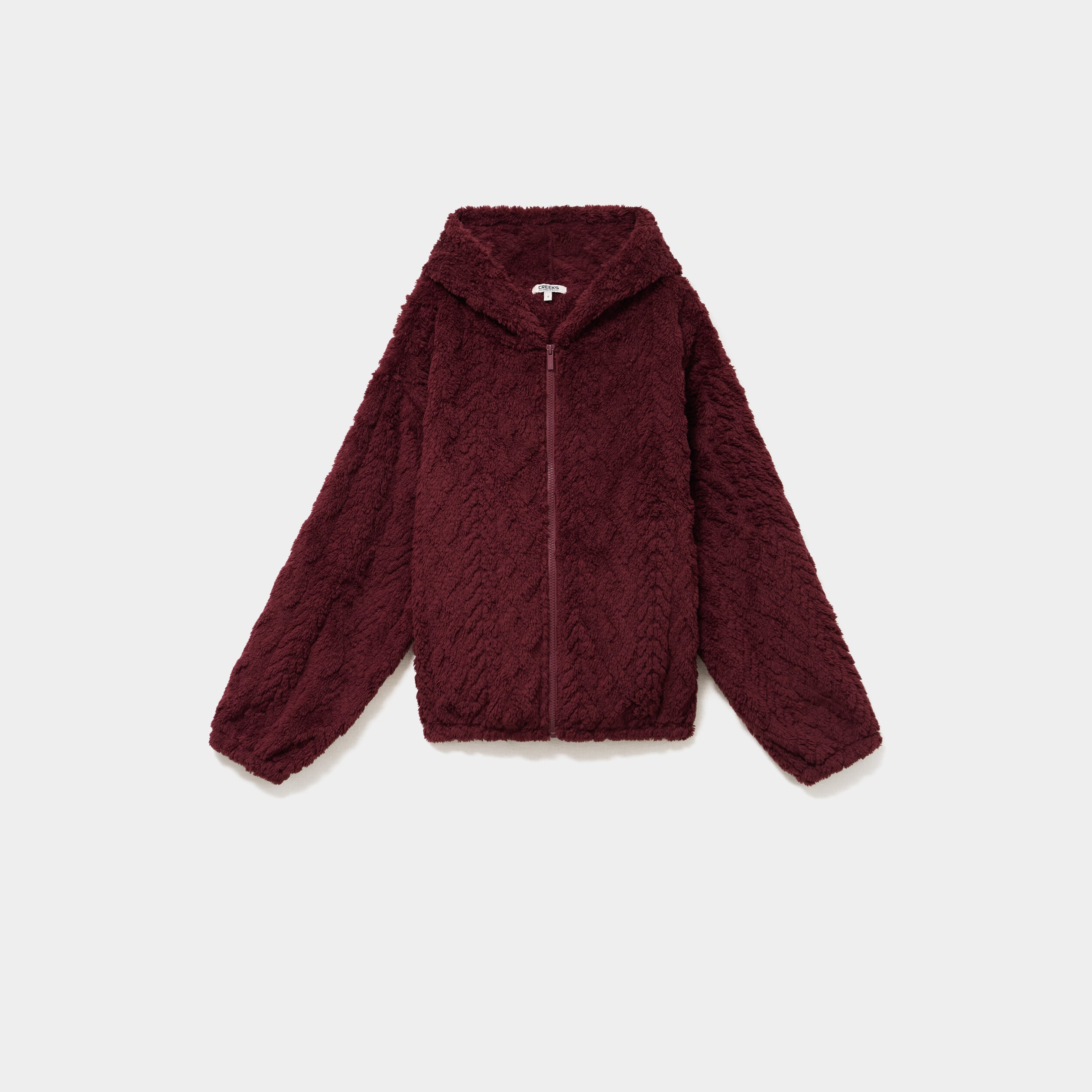 Veste fausse fourrure &agrave; capuche prune femme
