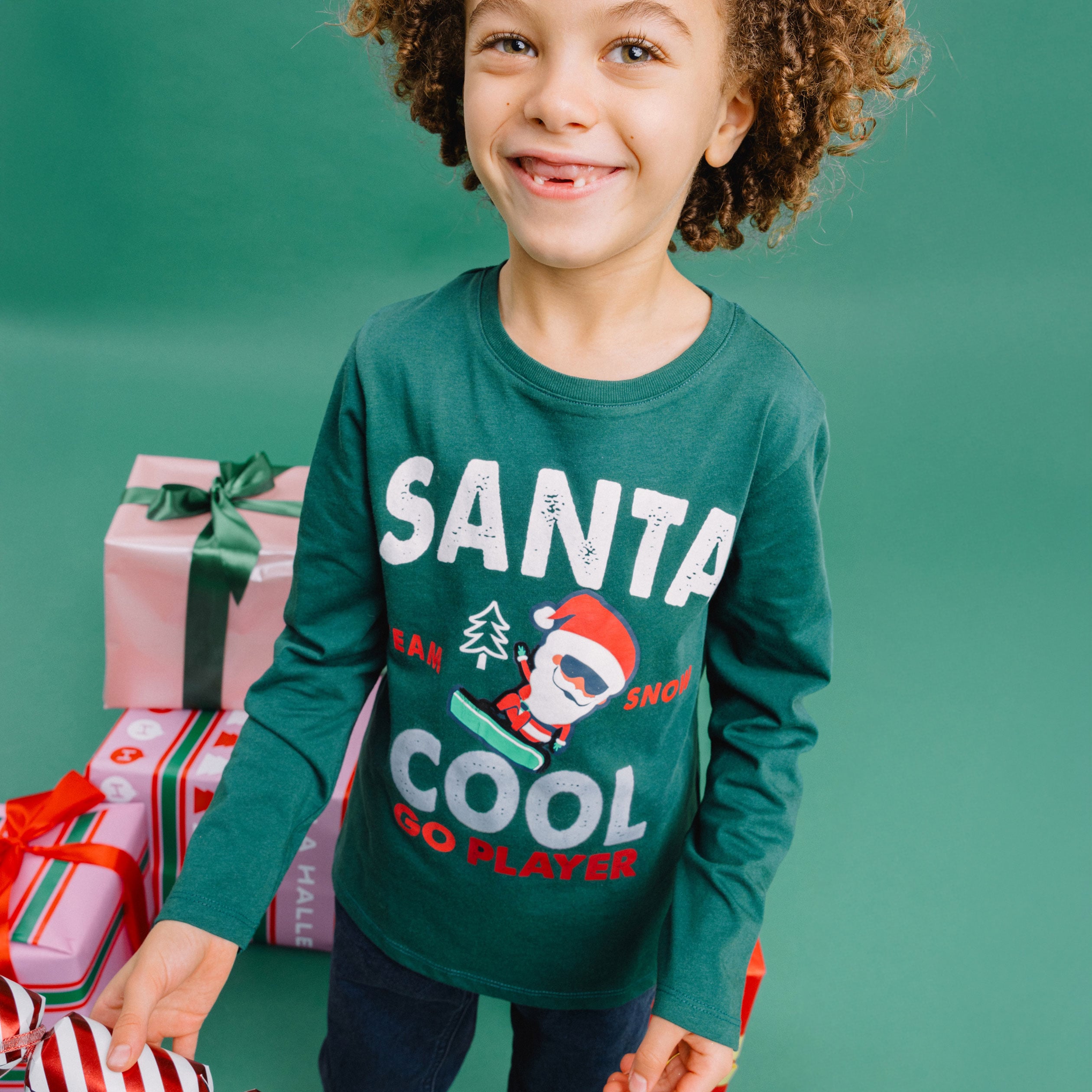 T-shirt de No&euml;l manches longues coton vert fonc&eacute; gar&ccedil;on