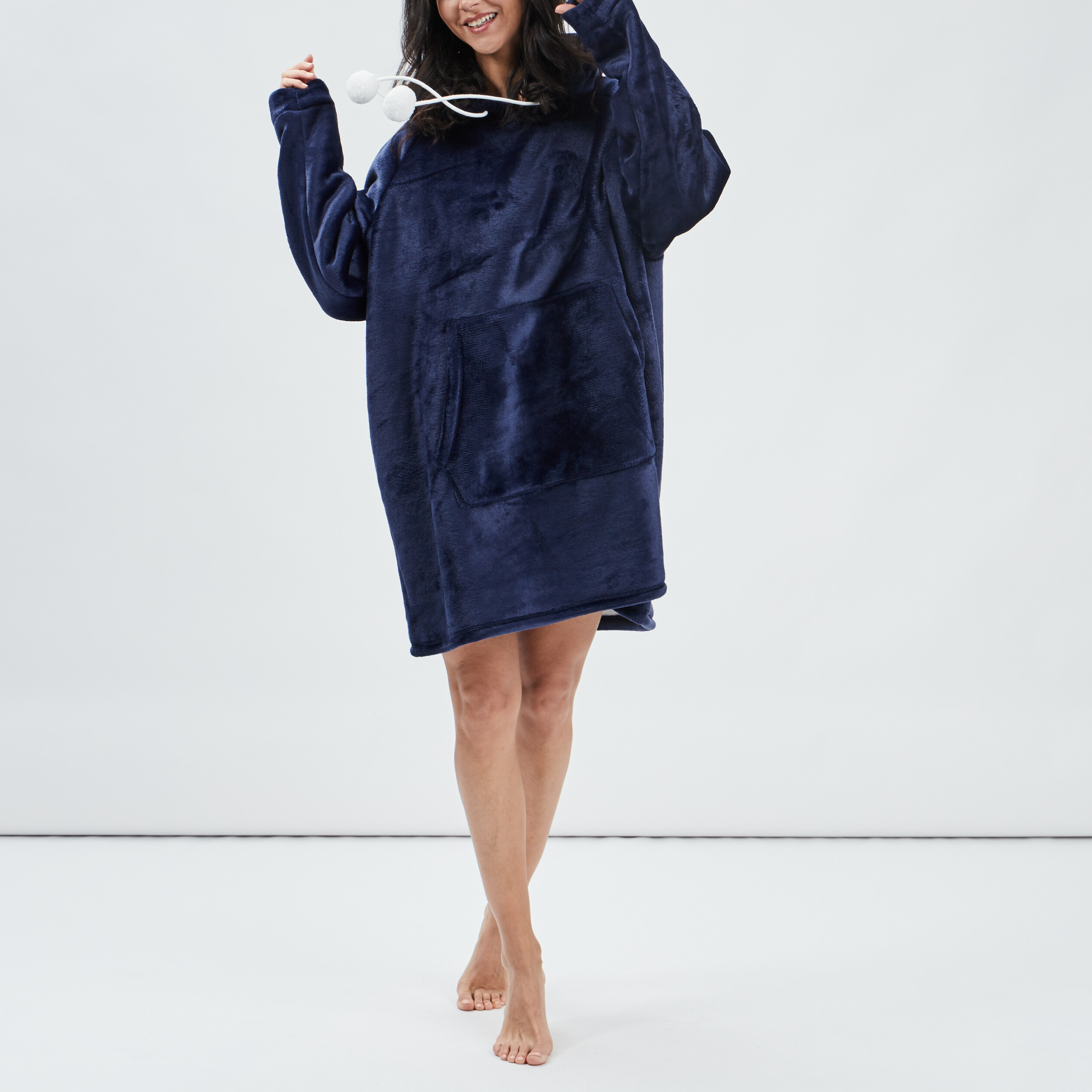 Poncho plaid à capuche bleu marine femme