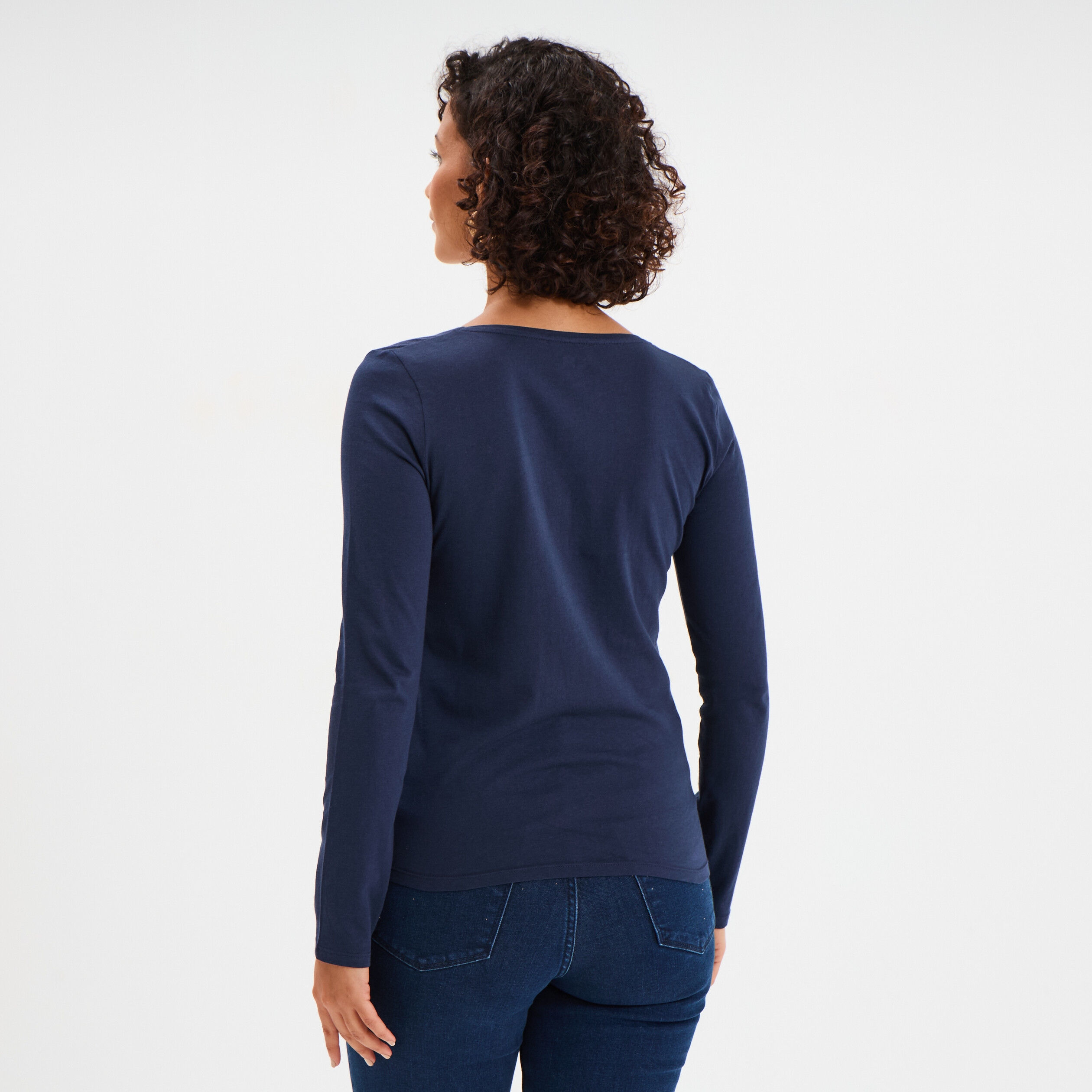 T-shirt coton col rond manches longues bleu marine femme