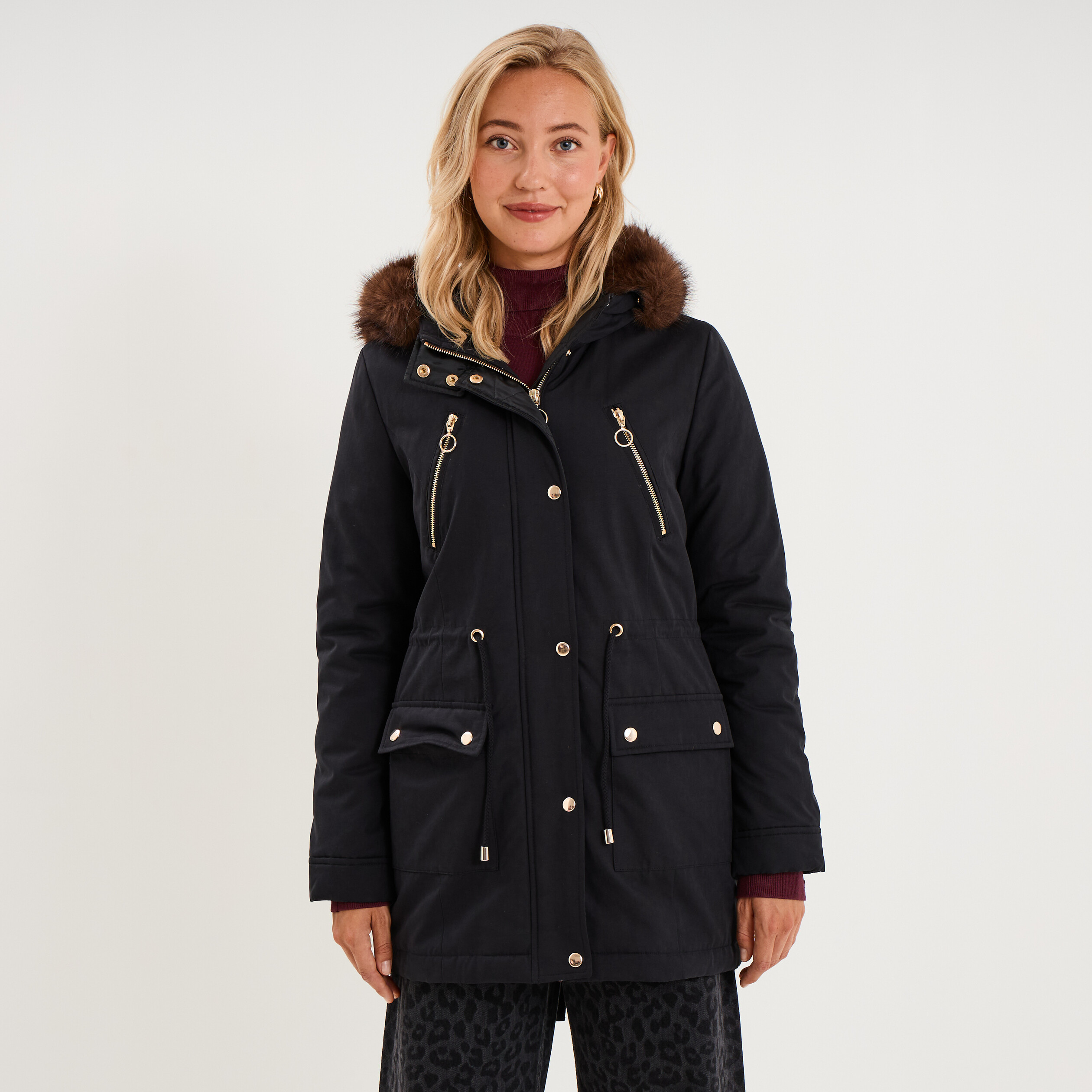 Parka cintr&eacute;e capuche fausse fourrure noir femme