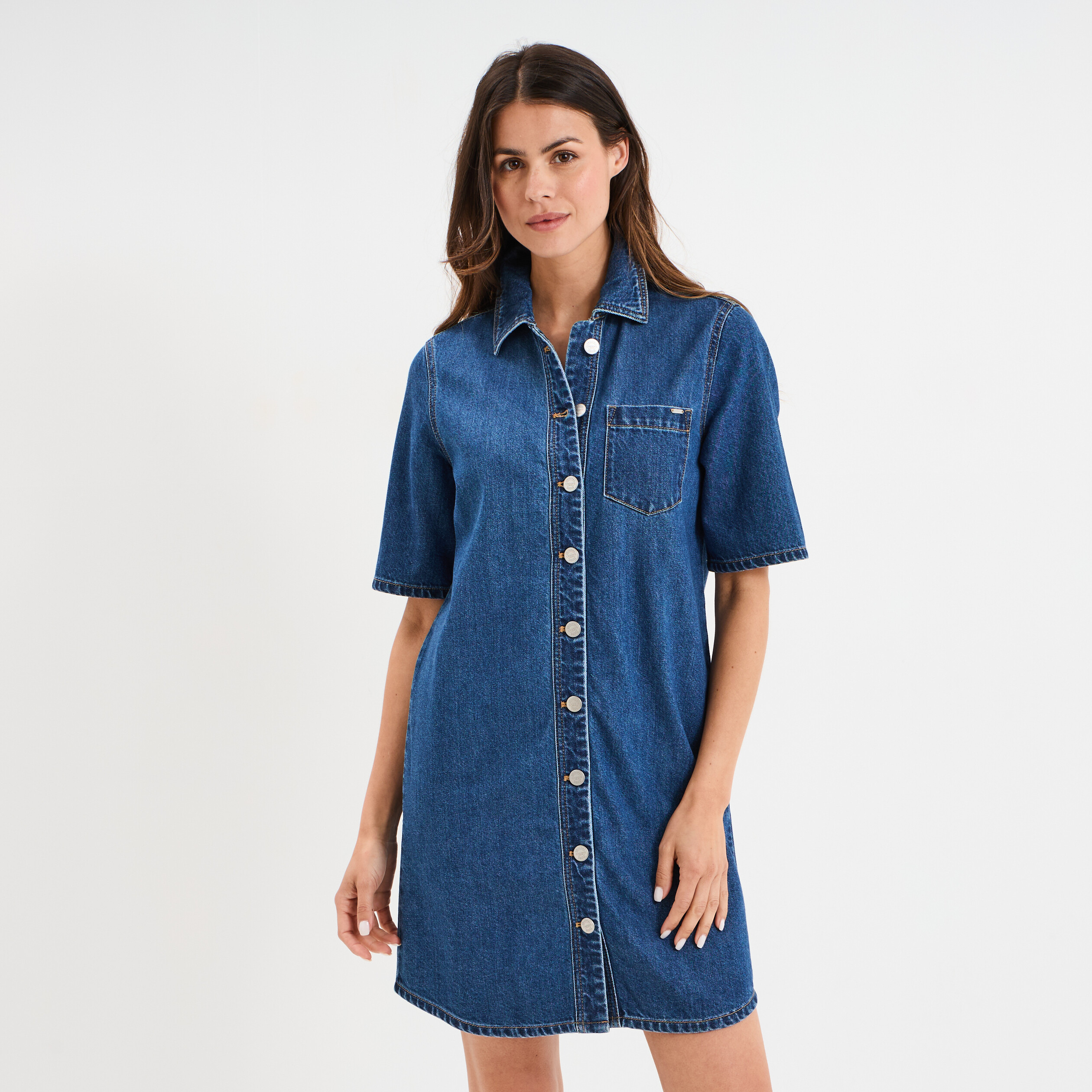 Robe chemise manches courtes en jean denim stone femme