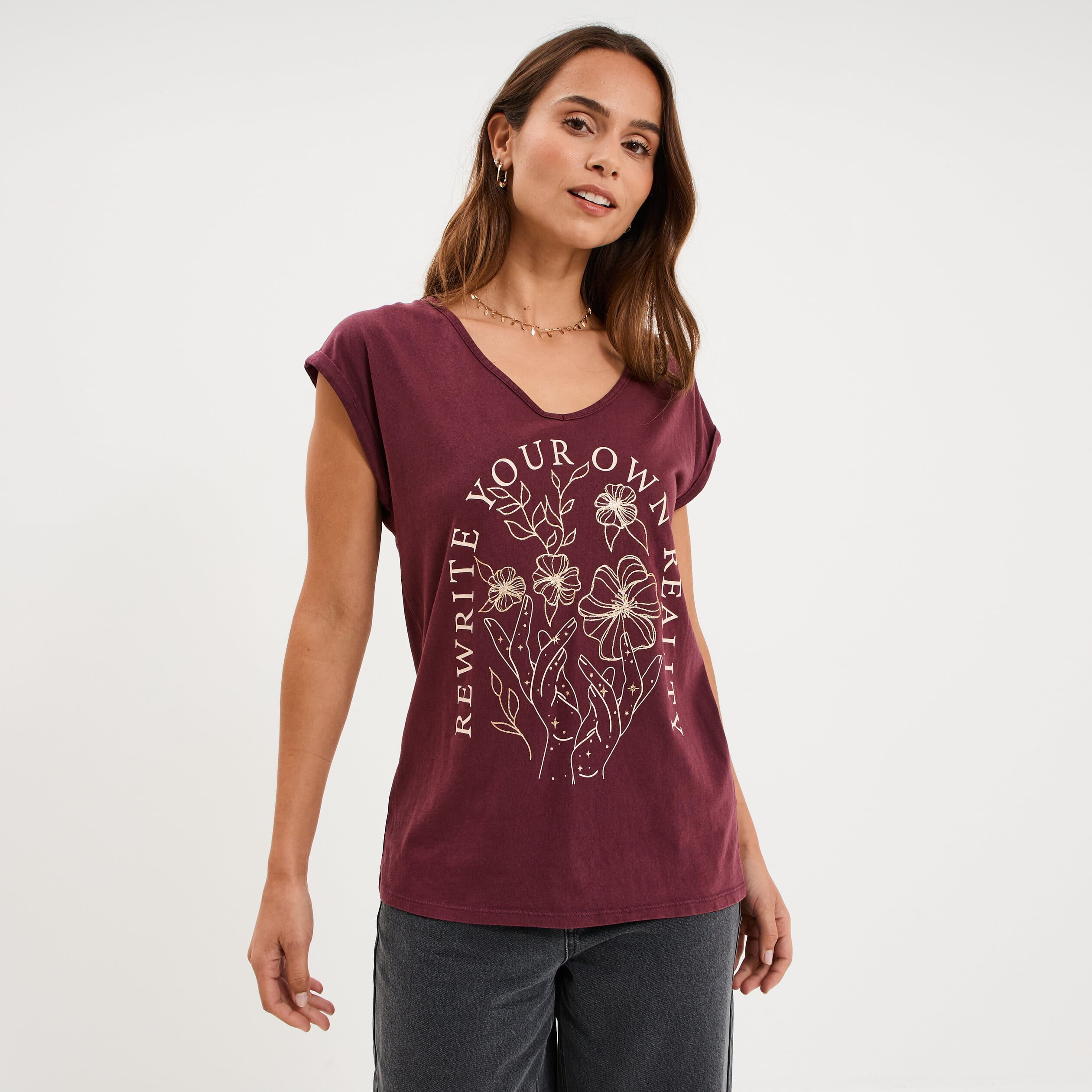 T-shirt coton col en V manches courtes violet fonc&eacute; femme